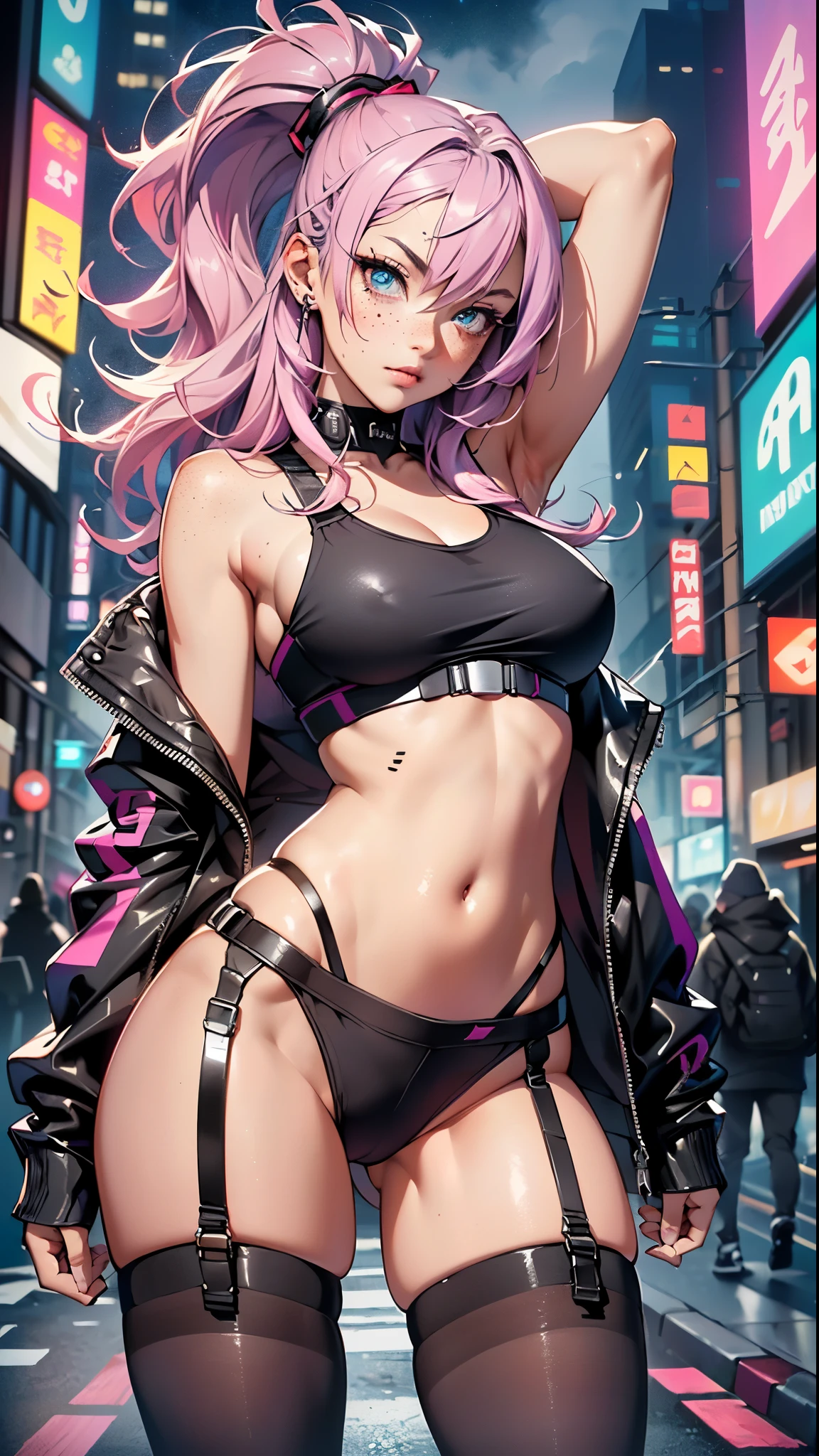 athletic girl,(((1 girl))),((anime girl with Chewing gum pink hair and freckles, extremely Cute and gorgeous seductively walking down the street)),

(big breasts:1.4),sagging breasts,(((Chewing gum pink hair:1.35, straight hair, long hair:1.4, dyed inner hair,breathing through the ears))),((heterochromia, Eye1 pink, eye2 blue, Perfect eyes, Upside Down Eyes:1.3, beautiful detailed eyes, finely detailed beautiful eyes:1, big glare on the eyes:1.2, slanted eyes)), ((thick)),(((freckles on the face, freckles,freckled girl))),(((shiny skin:1.5,bright skin: 1.5,tanned skin,shiny skin,very shiny skin,shiny body,пластиковая shiny skin,exaggerated shiny skin))),(lower abdomen of a spider,slim waist,wide hip,athletic body,pumped up legs,delicately detailed fingers,detailed body,detailed weapons,human hands, Detailed hands),

Cute,promiscuous,seductive,Erotic,(((NFV))), 

Zettai Ryoiki,Revealing clothing,show skin,((((purple undermall sports bra, Sport thong,visible straps))),(wear sportswear:1.3,Sportswear,half naked,with a little clothes,),(Detailed outfit,detailed clothing),

(dynamic pose:1.0), embarrassed, centered, scale to size, Rule of thirds,

on open air, ((night view)), (Cyberpunk Night Street Background: 1.5,dark sky,lane,одинокий lane,thick clouds, detailed background:1.25),

(Best quality), (A high resolution), (sharp focus), (ultra detailed), (extremely detailed), (extremely high quality work of art), 8K_wallpaper, (extremely detailed CG 8K),(very good 8K computer graphics), ((hyper super ultra detailed perfect piece)), flawless masterpiece))), Illustration, Bright colors,  (difficult), High contrast, Selective lighting, double exposure, HDR (High dynamic range), Post-processing, background blur,