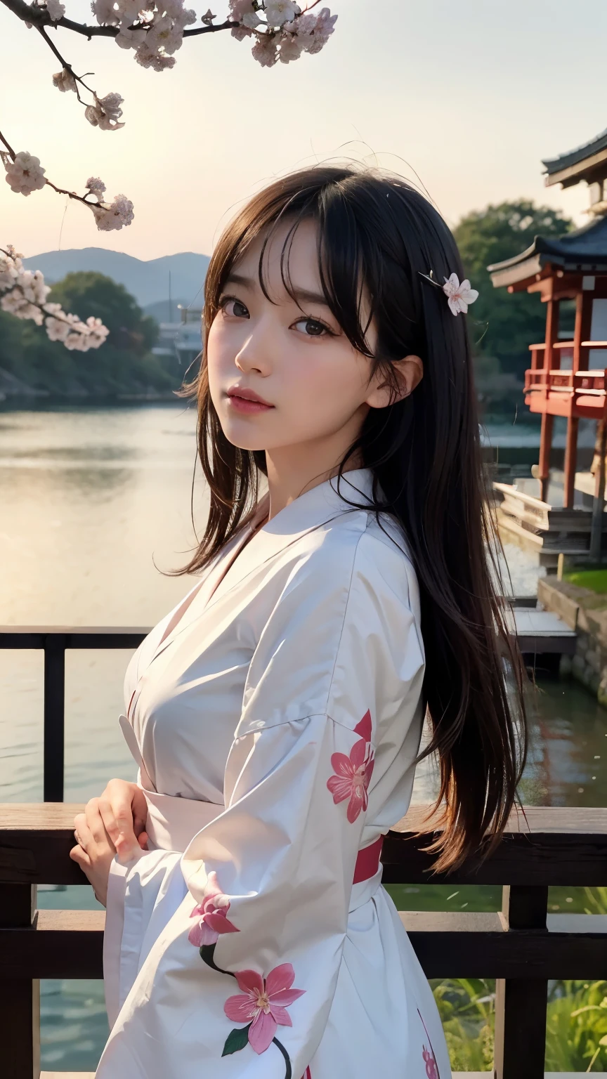 (logo、masterpiece、8k、table top、RAW photo、wonderful、最high quality、Photorealistic and hvery detailed CG integrated 8k wallpaper、high quality、very detailed、Narrative poem、particle effects、dynamic effects、written boundary depth、cinematic light、Lens flare、ray tracing)、fantasy、 (1 beautiful woman、white kimono、Japan Dress、white cherry blossom pattern、White cherry blossom embroidery pattern、black haired、beautiful face、real face、beautiful details eyes beautiful skin)、Hair flutters in Wind、hair bounces、pink cherry tree、petals dance、SakuraFubuki、wonderful景色、sunrise、sun on background、Wind、god々、teeth、god話、vast land、