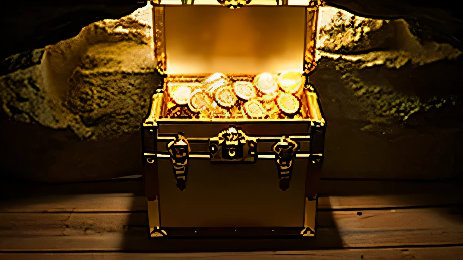 inside the cave, Found a treasure chest containing gold coins