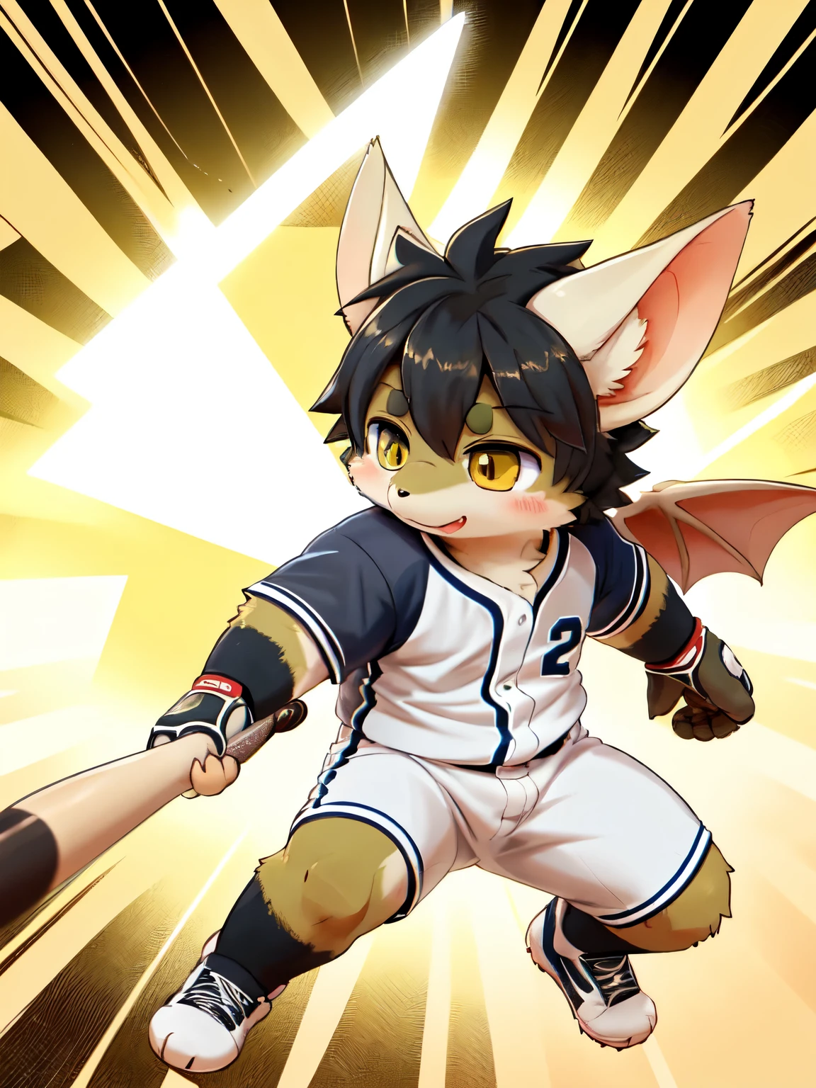 dynamic, a short-legged chubby kemono male dragon furry, black hair with white bridges, olive lightening eyes, black ears, tiny horns, olive fur patterns, "s" lettered pattern on thighs, baseball, baseball uniform, bat hitting, swinging bat, dynamic background
