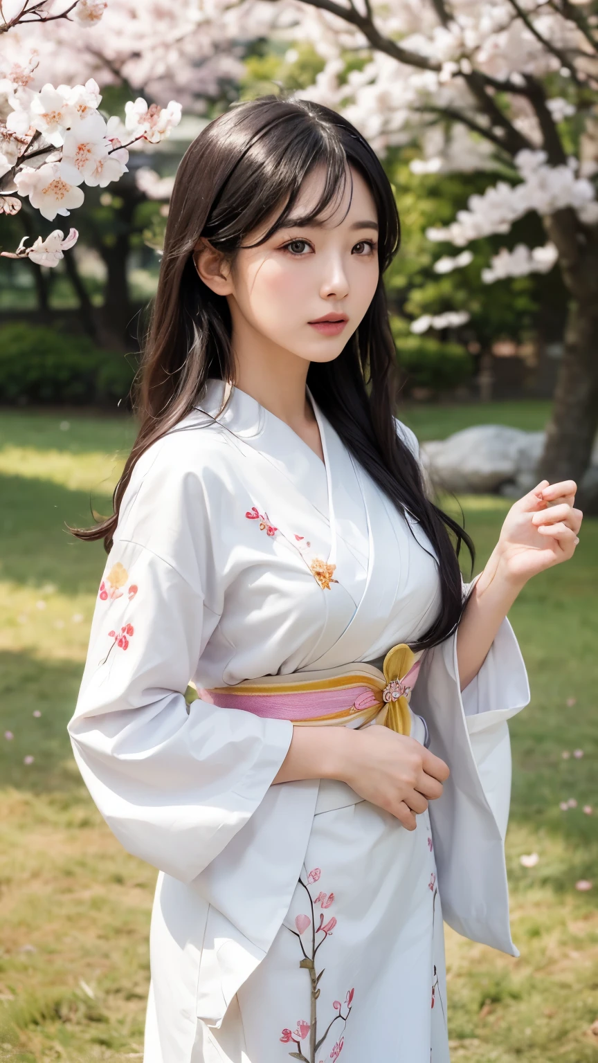 (logo、masterpiece、8k、table top、RAW photo、wonderful、最high quality、Photorealistic and hvery detailed CG integrated 8k wallpaper、high quality、very detailed、Narrative poem、particle effects、dynamic effects、written boundary depth、cinematic light、Lens flare、ray tracing)、fantasy、 (1 beautiful woman、white kimono、Japan Dress、white cherry blossom pattern、White cherry blossom embroidery pattern、black haired、beautiful face、real face、beautiful details eyes beautiful skin)、Hair flutters in Wind、hair bounces、pink cherry tree、petals dance、SakuraFubuki、wonderful景色、sunrise、sun on background、Wind、god々、teeth、god話、vast land