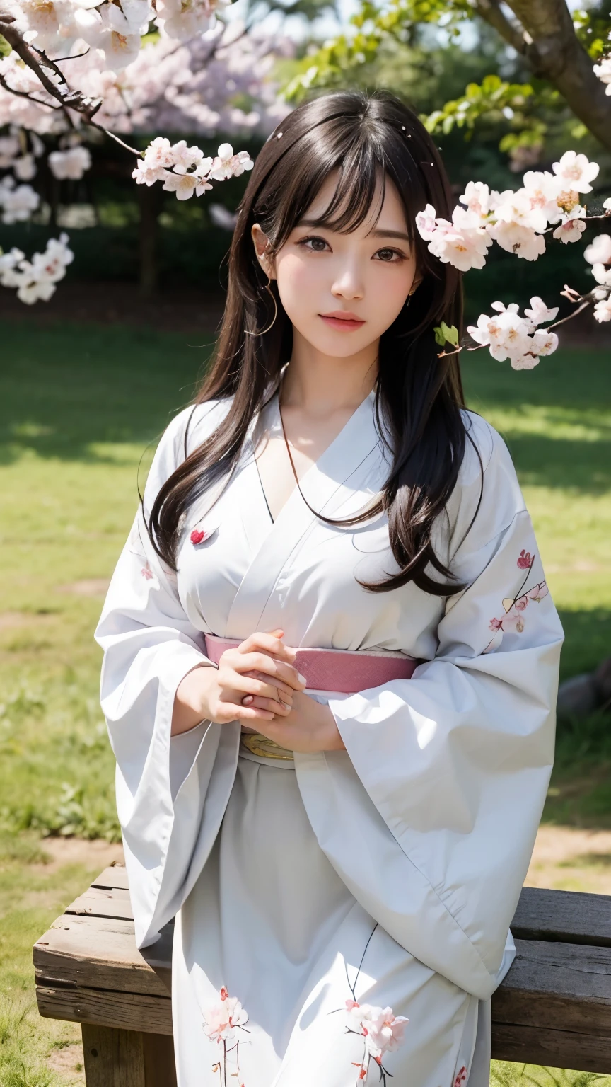 (logo、masterpiece、8k、table top、RAW photo、wonderful、最high quality、Photorealistic and hvery detailed CG integrated 8k wallpaper、high quality、very detailed、Narrative poem、particle effects、dynamic effects、written boundary depth、cinematic light、Lens flare、ray tracing)、fantasy、 (1 beautiful woman、white kimono、Japan Dress、white cherry blossom pattern、White cherry blossom embroidery pattern、black haired、beautiful face、real face、beautiful details eyes beautiful skin)、Hair flutters in Wind、hair bounces、pink cherry tree、petals dance、SakuraFubuki、wonderful景色、sunrise、sun on background、Wind、god々、teeth、god話、vast land、