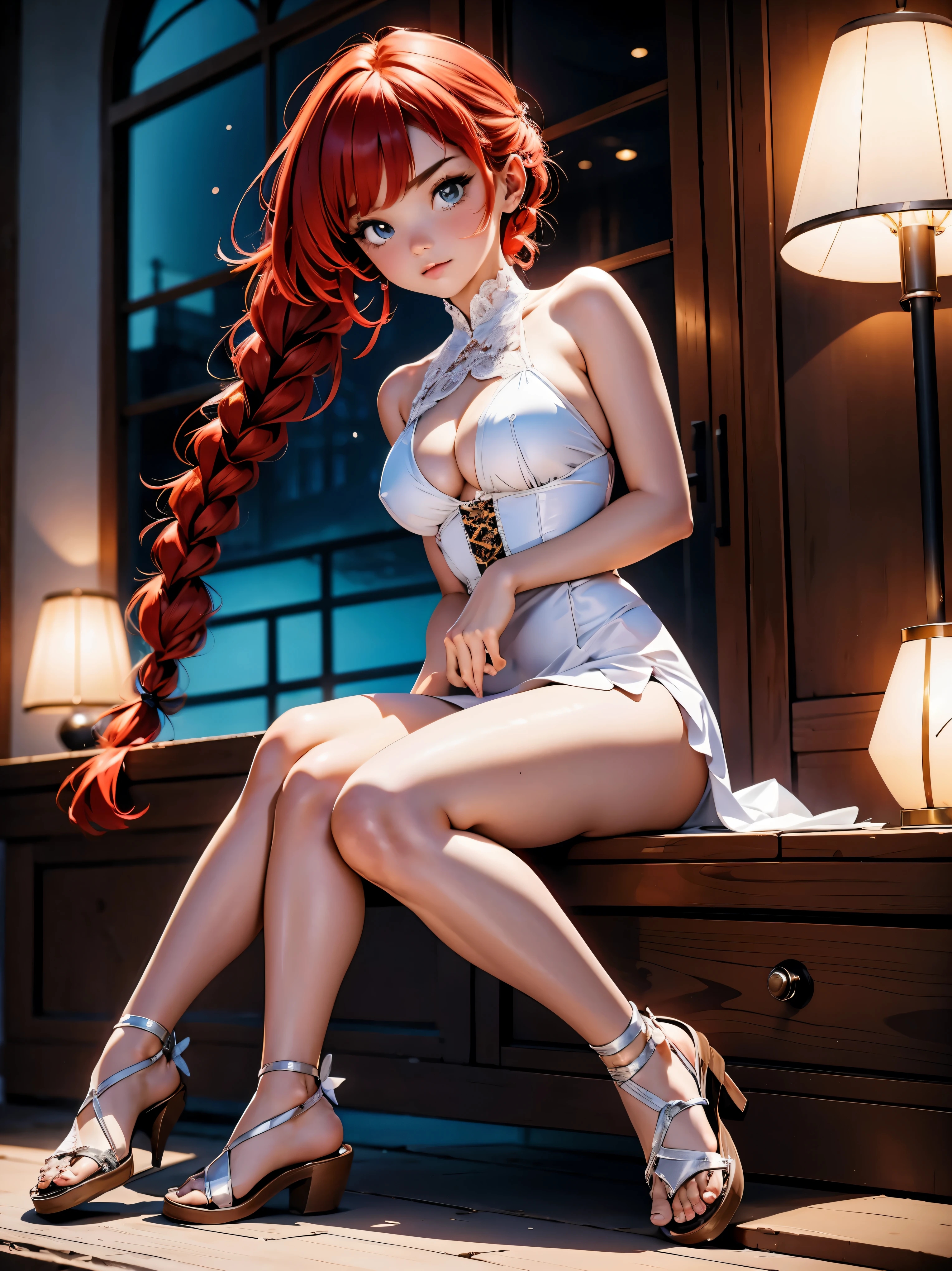 Garota Ruiva de anime em vestido lonho e corset pink, saia, 16 anos, corpo bonito, seios grandes, com as hands on chest, hands on chest, Garota sexy, red hair with braid, mechas de cabelo laterais, mechas de cabelo na lateral do rosto, beautiful lighting, sombras suaves, olhos azuis, pernas bonitas, hair with braid, estilo anime, Ranma Chan, Autora Rumiko Takahashi, Baseado em obra de Rumiko Takahashi, Anime Ranma 1/ 2, decote sexy, quadril robusto, corpo inteiro, corpo inteiro, busto grande, garota jovem com corpo belo e bonito, sandals on his feet, garota 16 anos jovem baixa estatura, vestindo vestido e corset pink, garota anime, estilo anime, beautiful feet in sandals, 45° viewing angle, ao ar livre, red hair braid, grande , peito grande