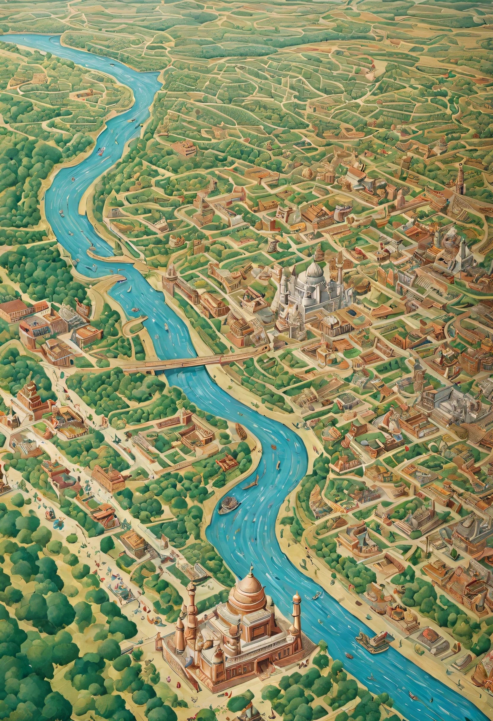 India,Ancient,Scenery from an atlas showing the state of the city, river, road, Taj Mahal,View the entire map,Highly detailed surreal maximalist epic