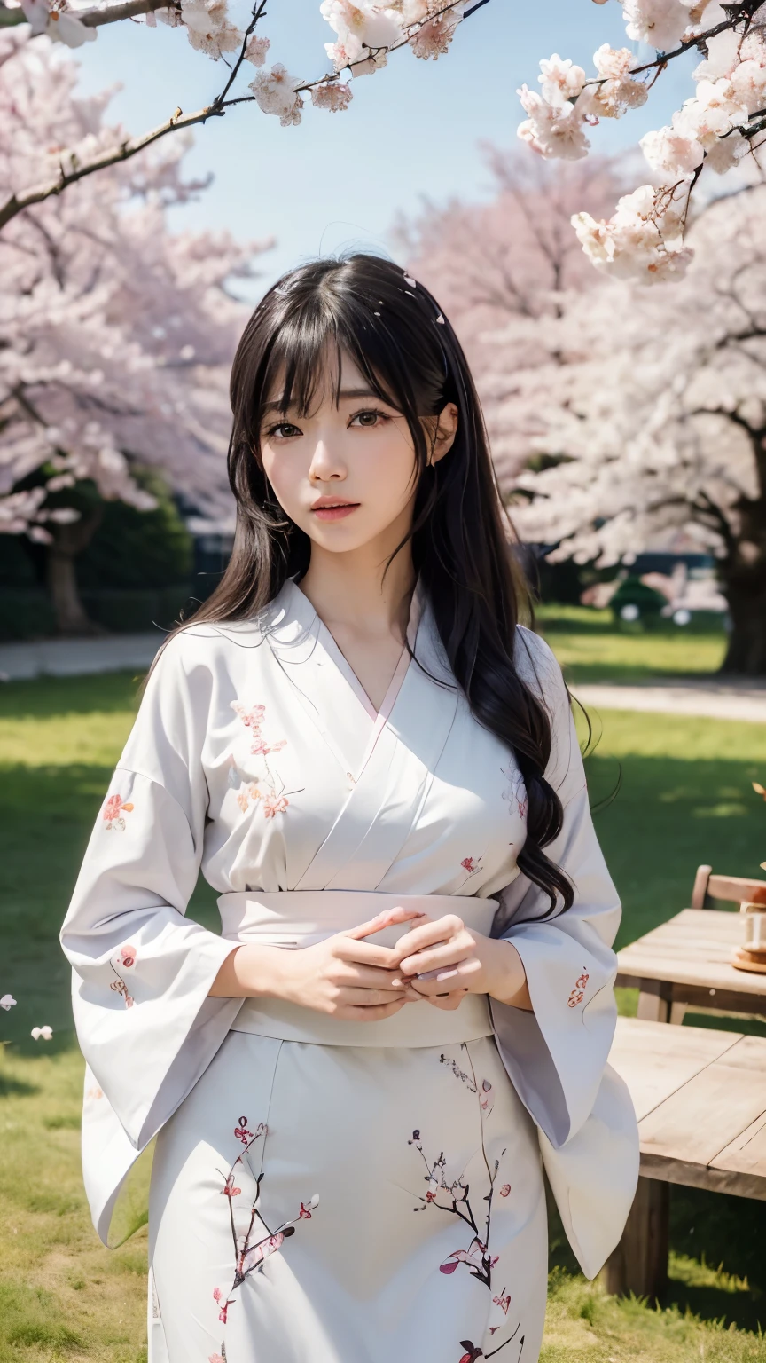 (logo、masterpiece、8k、table top、RAW photo、wonderful、最high quality、Photorealistic and hvery detailed CG integrated 8k wallpaper、high quality、very detailed、Narrative poem、particle effects、dynamic effects、written boundary depth、cinematic light、Lens flare、ray tracing)、fantasy、 (1 beautiful woman、white kimono、Japan Dress、white cherry blossom pattern、White cherry blossom embroidery pattern、black haired、beautiful face、real face、beautiful details eyes beautiful skin)、Hair flutters in Wind、hair bounces、pink cherry tree、petals dance、SakuraFubuki、wonderful景色、sunrise、sun on background、Wind、god々、teeth、god話、vast land