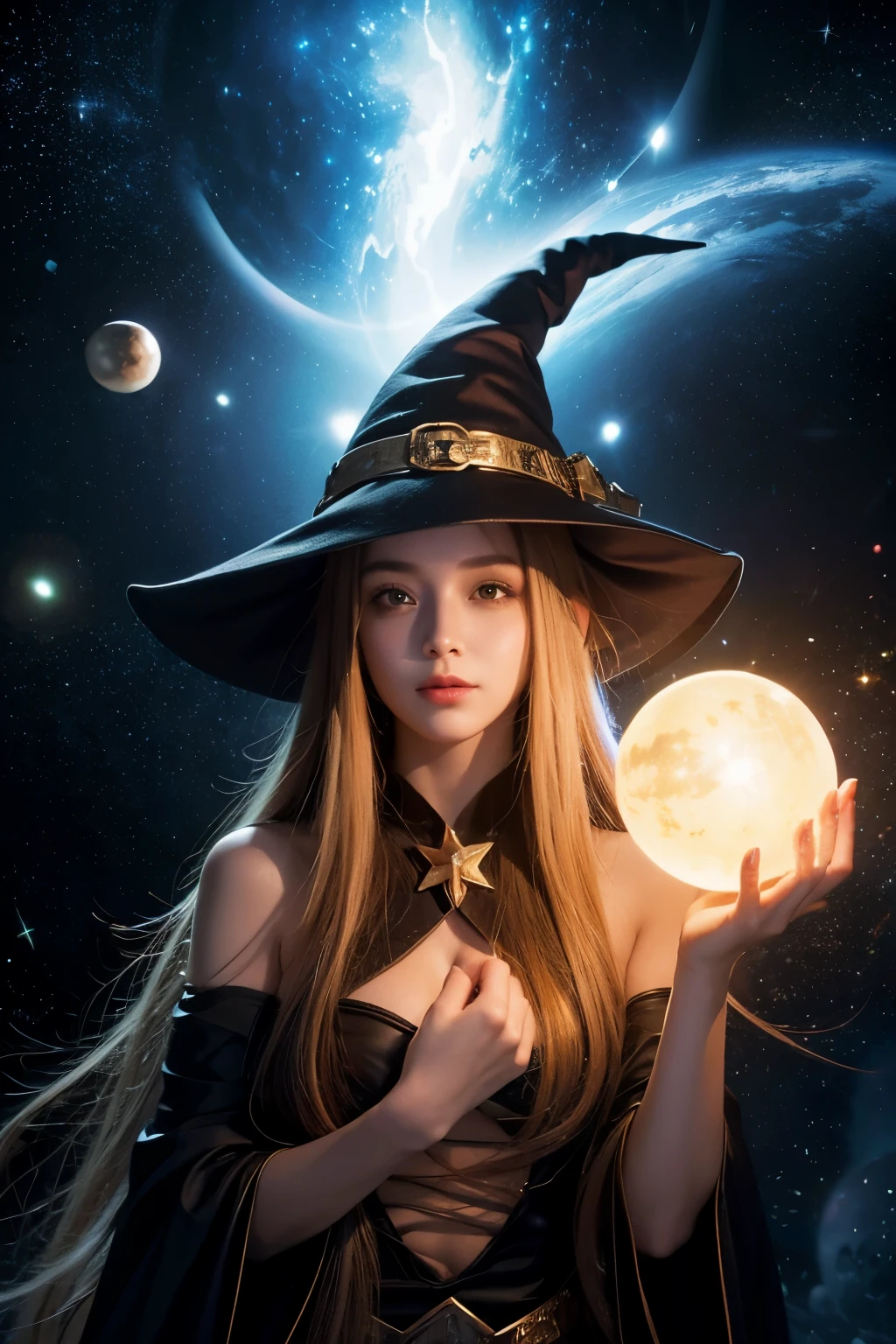 best quality, high resolution, 1 girl, Elf, witch hat, floating in space, energy ball, light particles, shiny hair, shining star, fantasy,