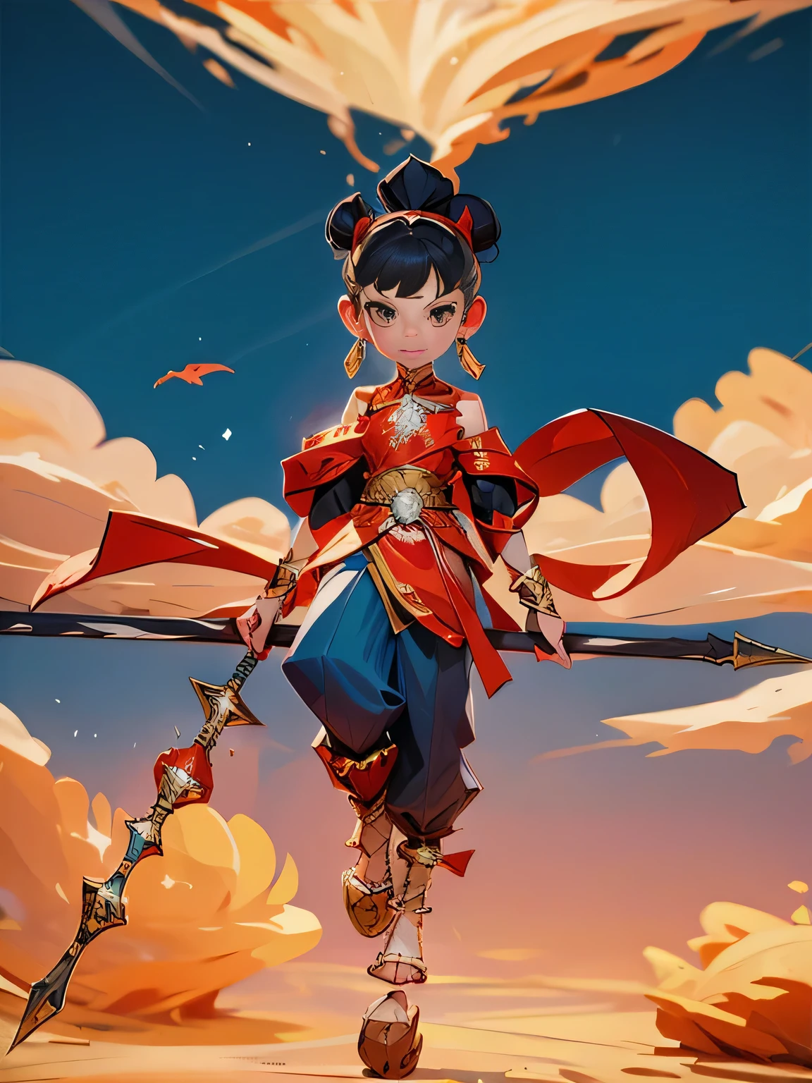 girl，1 名girl, There is blood on the face, angry, Armed with a spear, (flight), Chinese mythology,cloudy, detailed sky, abstract background, (flame_bell_style:0.5)