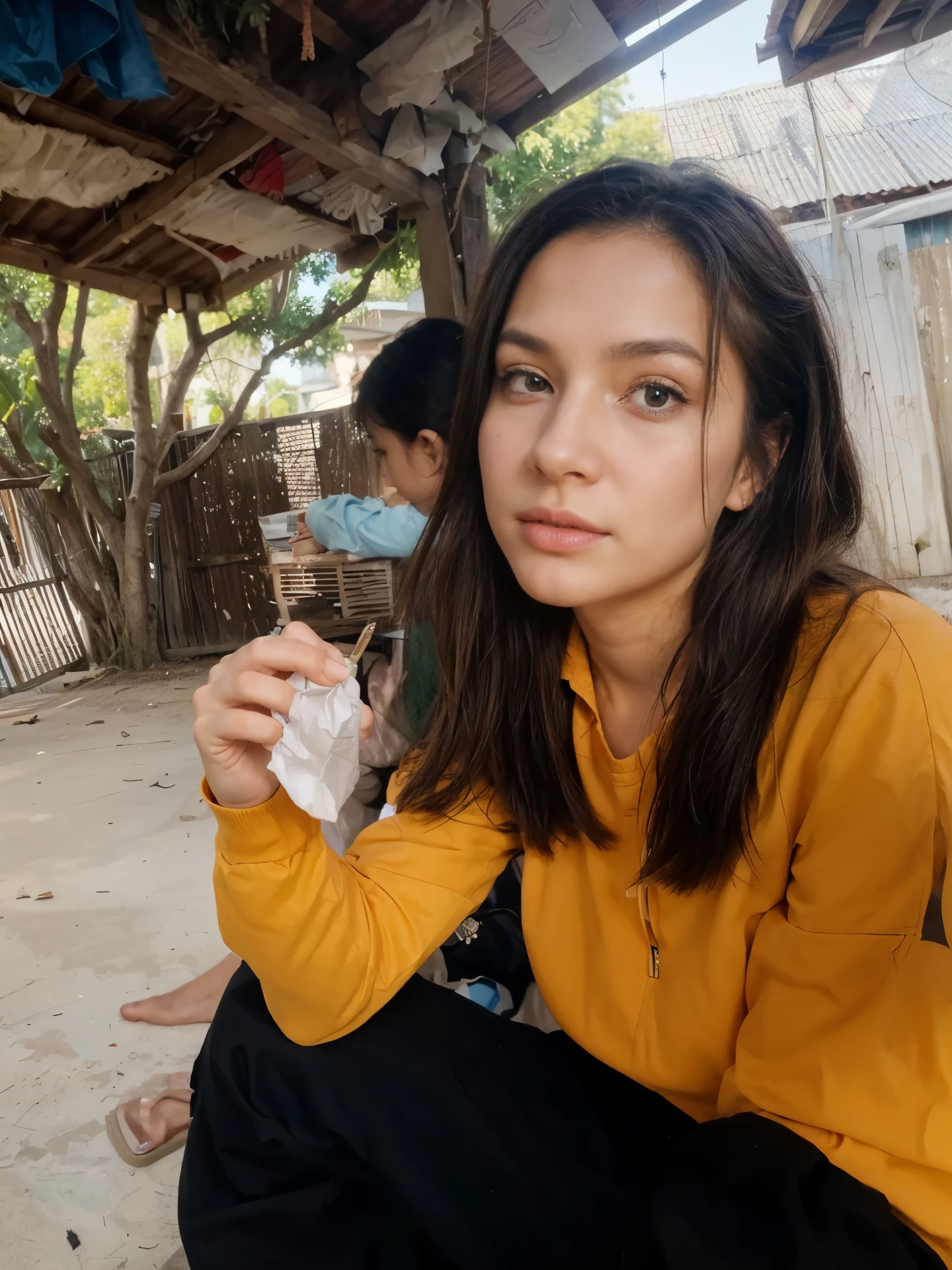 A girl, turn this image into realistic, the face should be exactly the same with reference image, the hand holding cigarettes