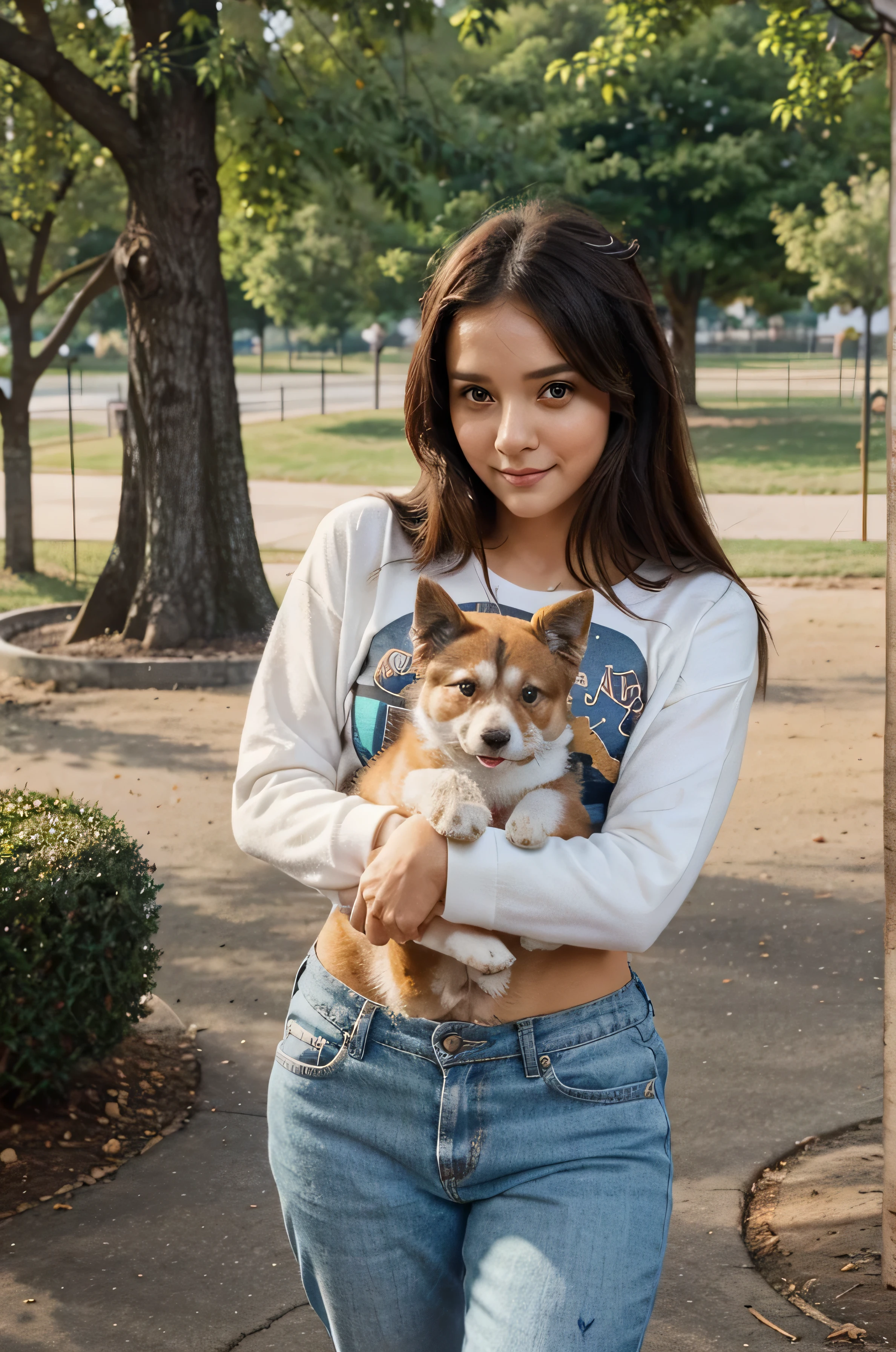 Furry Friend Companion: Picture her in a park or animal shelter, surrounded by adorable pets and furry friends. She wears casual yet cute attire, spreading love and positivity through her interactions with animals and promoting pet adoption. captaring her cute sime with the picture