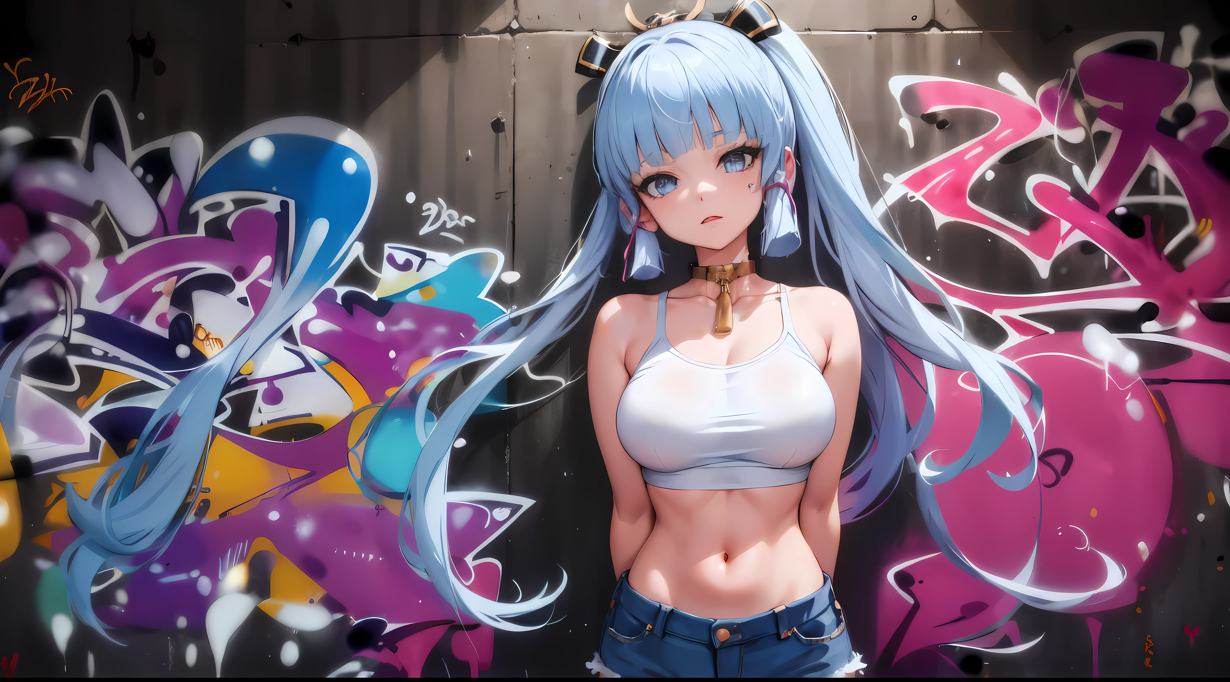 Ayaka Kamisato|Genshin Impact, masterpiece, best quality, 1 girl,25 years old, extra large breasts, crop top, shorts jeans, extra large breasts, ,only, crop top, shorts jeans, collar, (Graffiti:1.5), Splash with purple lightning pattern., Put your arms behind your back, leaning against wall, Look at the audience from the front., thigh strap, head tilt, boring, water eyes,