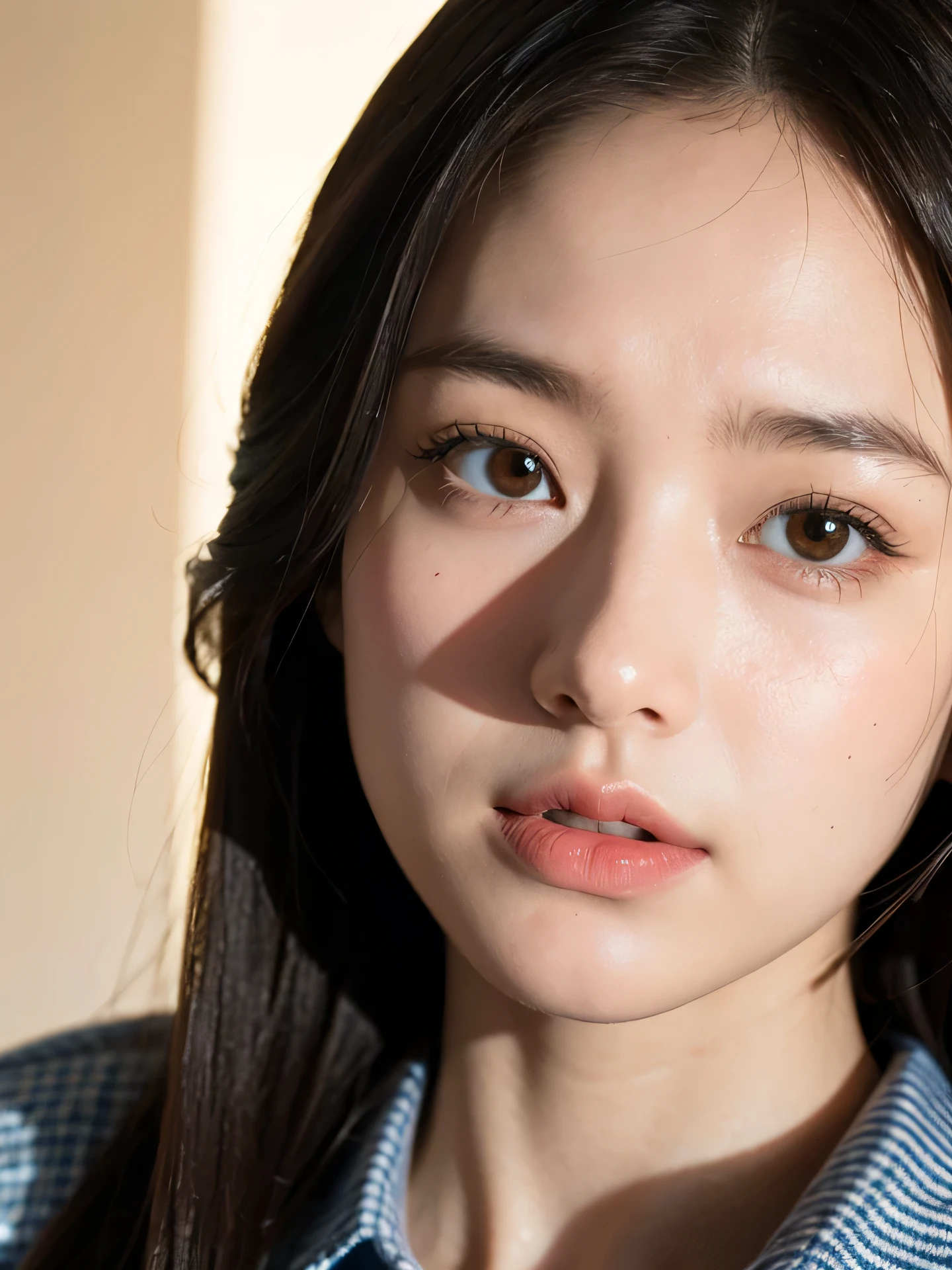 masterpiece, highest quality, RAW photo, 8k, 1 girl, close, focus on the face, (the face is in focus:1.2) Fine and beautiful skin, Backlight, soft light, shy, embarrassing, luminescent, look away, anatomically correct, medium hair, bangs, Eye and face details, rough skin, professional photography, Bokeh, portrait, professional lighting, alone, cute, Girly, film grain, navy shirt,