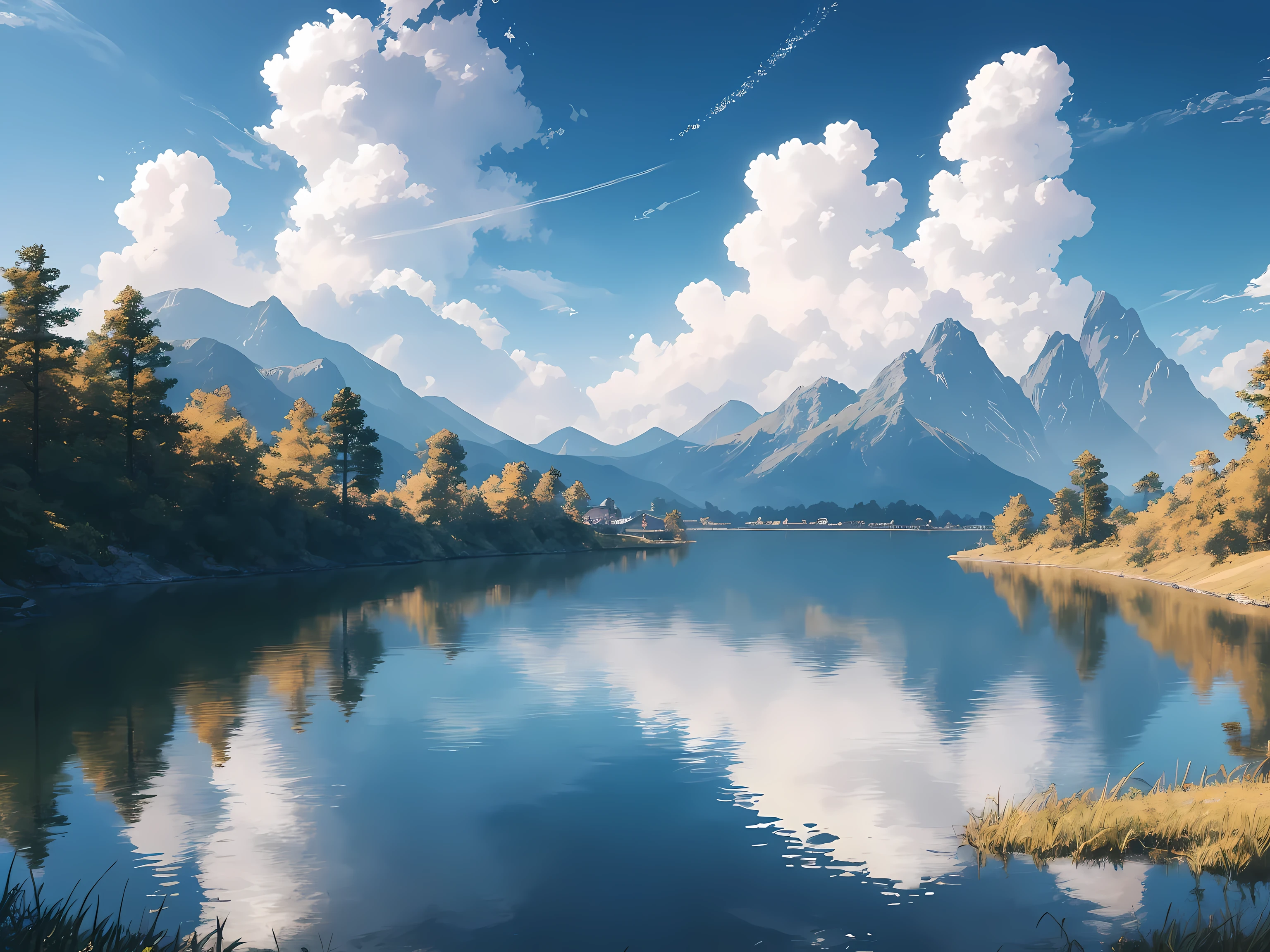 masterpiece, best quality, high quality, Very detailed CG Unity 8k wallpaper, landscape, Outdoor sports, Sky, cloud,blue Sky, clear lake water,(蓝天白cloud1.6)