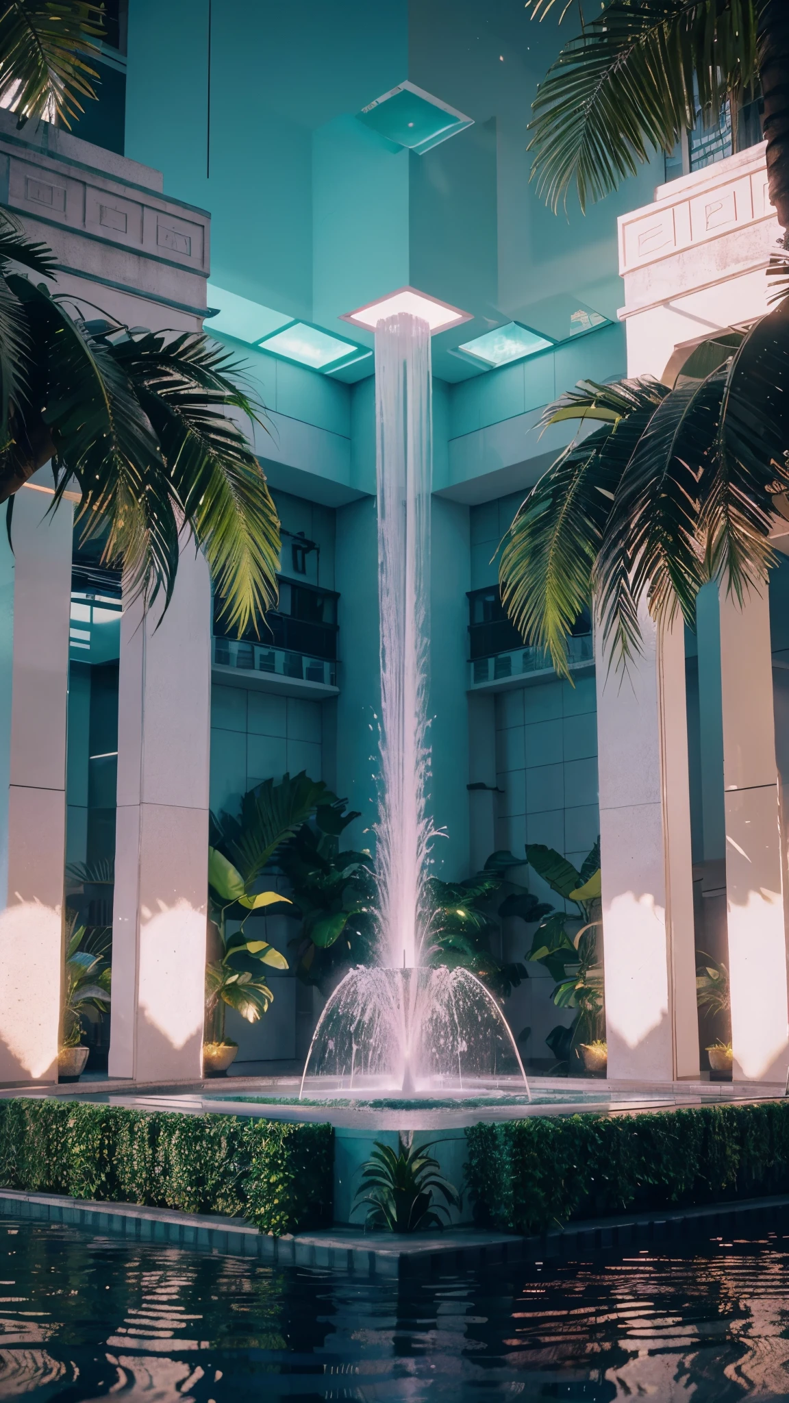 there is a fountain in the middle of a building with plants growing on it, vaporwave mall aesthetic, vaporwave lighting style, vaporwave lighting, vaporwave aesthetics, inspired by Mike Winkelmann, vaporwave mansion, beeple global illumination, vaporwave lights, beautiful aesthetic design, realistic 3 d style, vaporwave aesthetic, cool 3d visualisation