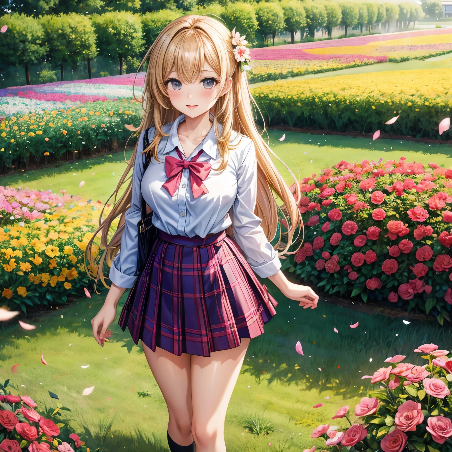 有一个女人Standing in the flower field的小路上, Wearing a honey themed mini skirt, Standing in the flower field, school girl uniform, Lovely , Standing in the flower field, Young and beautiful gravure idol, Japanese school, Plaid skirt, Portrait of a teenager, real life anime girls, Qingfu, full body Lovely young lady