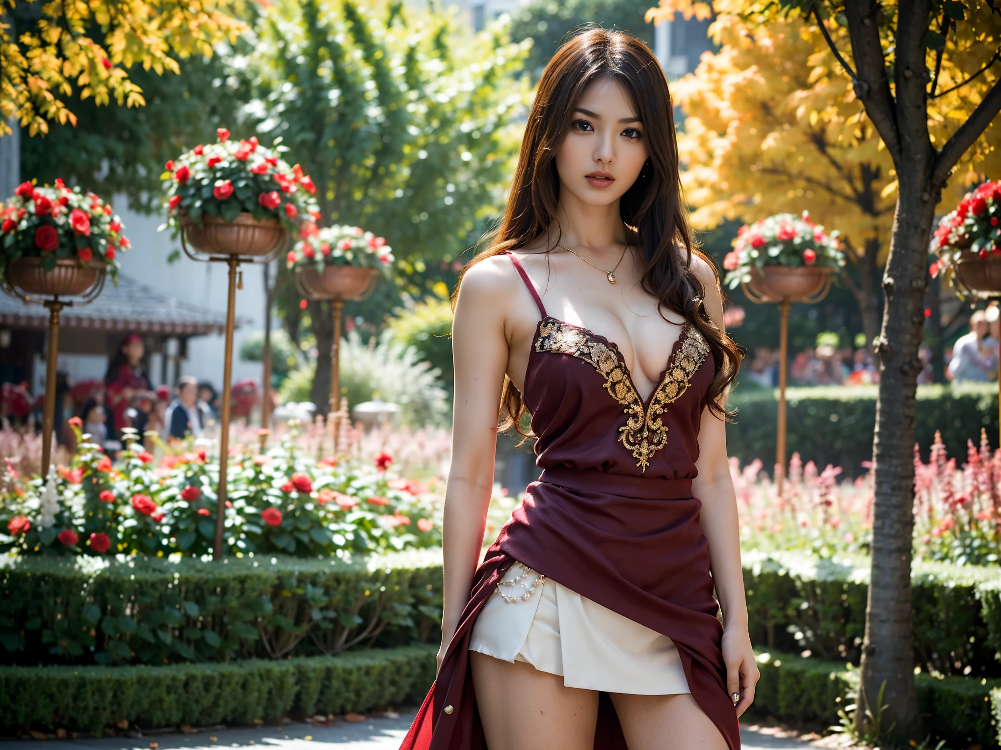 gorgeous English Black haired girl, beautiful lighting, detailed Beautiful face, intricate, realistic, studio quality, cinematic, digital photorealistic, standing in the park wearing a Vivid red satin dress, full view down to feet, park, with yellow and red roses background, detailed Beautiful face, photorealistic, shapley legs, lots of red roses, gold high heeled shoes, full head to feet view, Extremely Realistic. (attractively fit body) , glasses, (big breasts),((dynamic pose))), ((sexy pose))), (camel toe), (half), (panties)), (black hip skirt)), smirk , jewelry ,ruby, pearl, rubies, diamonds, Pearl necklaces (small mole under the eyes), hair jewelry rubies, pearls, diamonds,