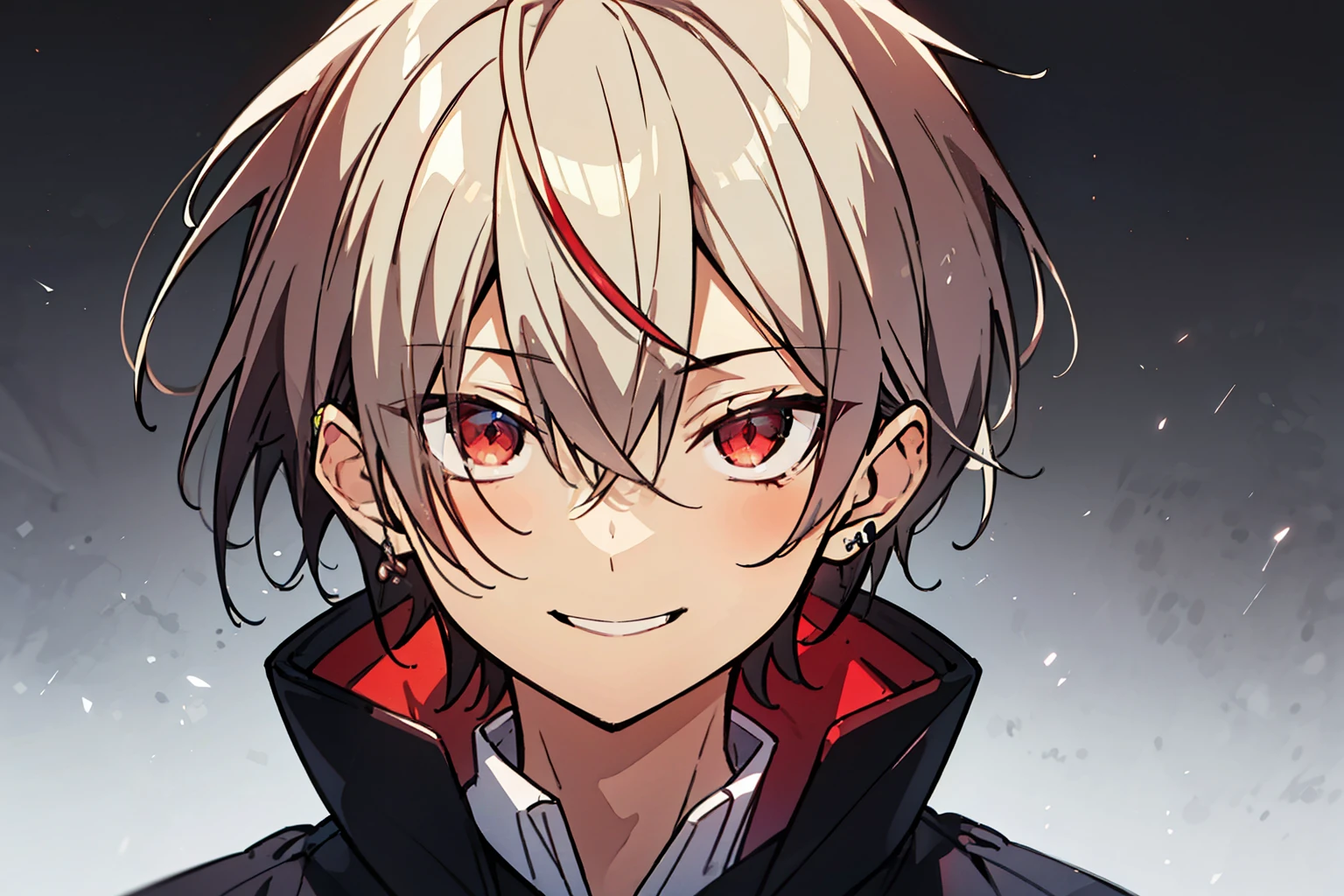 (high quality, breathtaking),(expressive eyes, perfect face), maleの子1人, male, alone, short, 若いmaleの子, gray hair, red eyes, Highlight on red eyes、smile, 