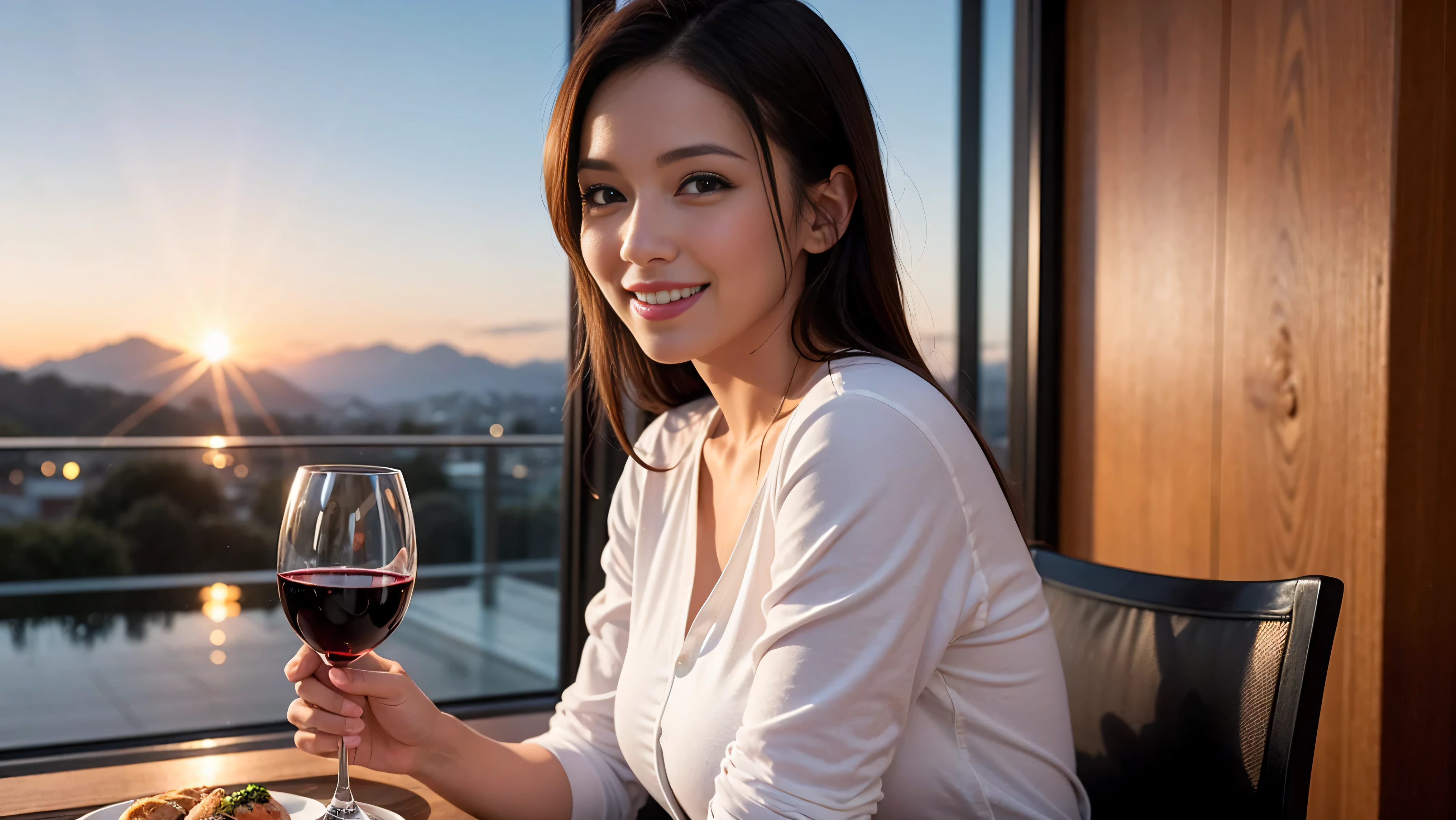 (including 64k, nffsw, highest quality, table top: 1.2), (realistic, photorealistic: 1.37), Spectacular view of the sunset sky and clouds、Amazing mountain views、long sleeve shirt、winter fashion、Columbia、Brazilian、Japanese、Dutch、German、Portuguese、Belgian、Italian、French,Champagne、sparkling wine、 (slimフェイス), (slimボティ), (brown hair), (shortcut), neat beauty、cheeks turn a little red, (35 years old), 38 years old, alone, 窓の外には美しく緻密なnight景が広がります., restaurant, wine glassが座っている, nightに, in a prominent place (from the Upper body) nova frog style, actress, model, Upper body, White wine, slim, wine glass, Super Clean night View, wine glass Put in the Middle, Happy smile, (smile: 1.15), beautiful and detailed eyes, Upper body, bust japan up, night, short, short, actress, model, Upper body, White wine, slim, wine glass, Super Clean night View, wine glass Put in the Middle, Happy smile,