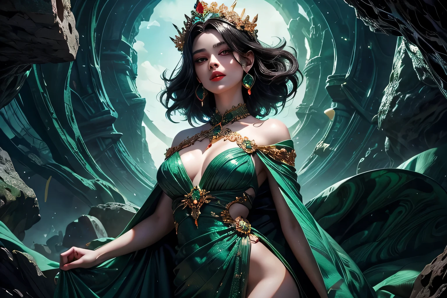 malachite cave. There are precious stones around a beautiful woman with long black hair., pale skin, Red lips, bright green eyes, in a malachite dress and a cocoon on her head, wear gems, manhwa style