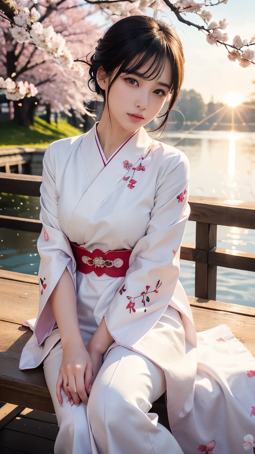 (logo、masterpiece、8k、table top、RAW photo、wonderful、最high quality、Photorealistic and hvery detailed CG integrated 8k wallpaper、high quality、very detailed、Narrative poem、particle effects、dynamic effects、written boundary depth、cinematic light、Lens flare、ray tracing)、fantasy、 (1 beautiful woman、white kimono、Japan Dress、white cherry blossom pattern、White cherry blossom embroidery pattern、black haired、beautiful face、real face、beautiful details eyes beautiful skin)、Hair flutters in Wind、hair bounces、pink cherry tree、petals dance、SakuraFubuki、wonderful景色、sunrise、sun on background、Wind、god々、teeth、god話、vast land