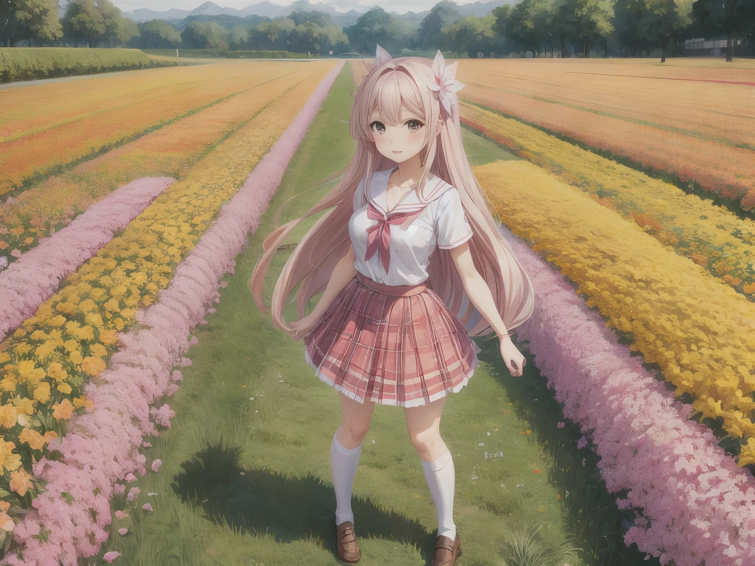 有一个女人Standing in the flower field的小路上, Wearing a honey themed mini skirt, Standing in the flower field, school girl uniform, Lovely , Standing in the flower field, Young and beautiful gravure idol, Japanese school, Plaid skirt, Portrait of a teenager, real life anime girls, Qingfu, full body Lovely young lady