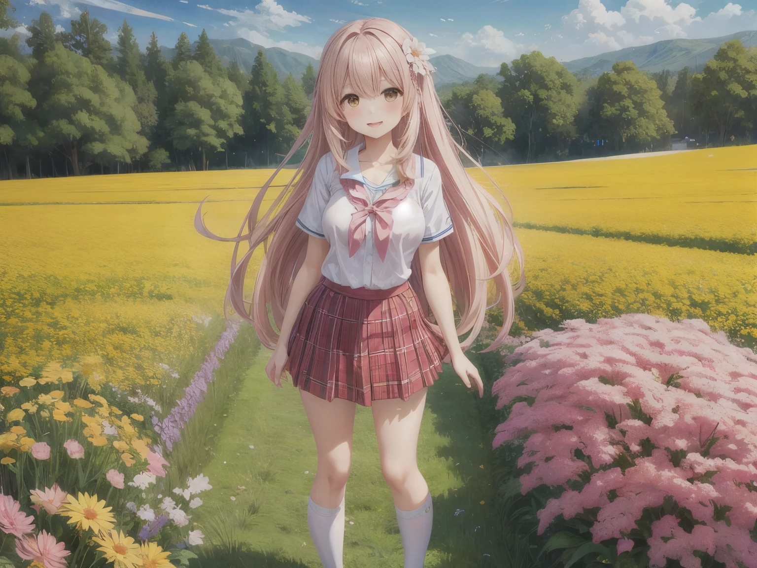 有一个女人Standing in the flower field的小路上, Wearing a honey themed mini skirt, Standing in the flower field, school girl uniform, Lovely , Standing in the flower field, Young and beautiful gravure idol, Japanese school, Plaid skirt, Portrait of a teenager, real life anime girls, Qingfu, full body Lovely young lady