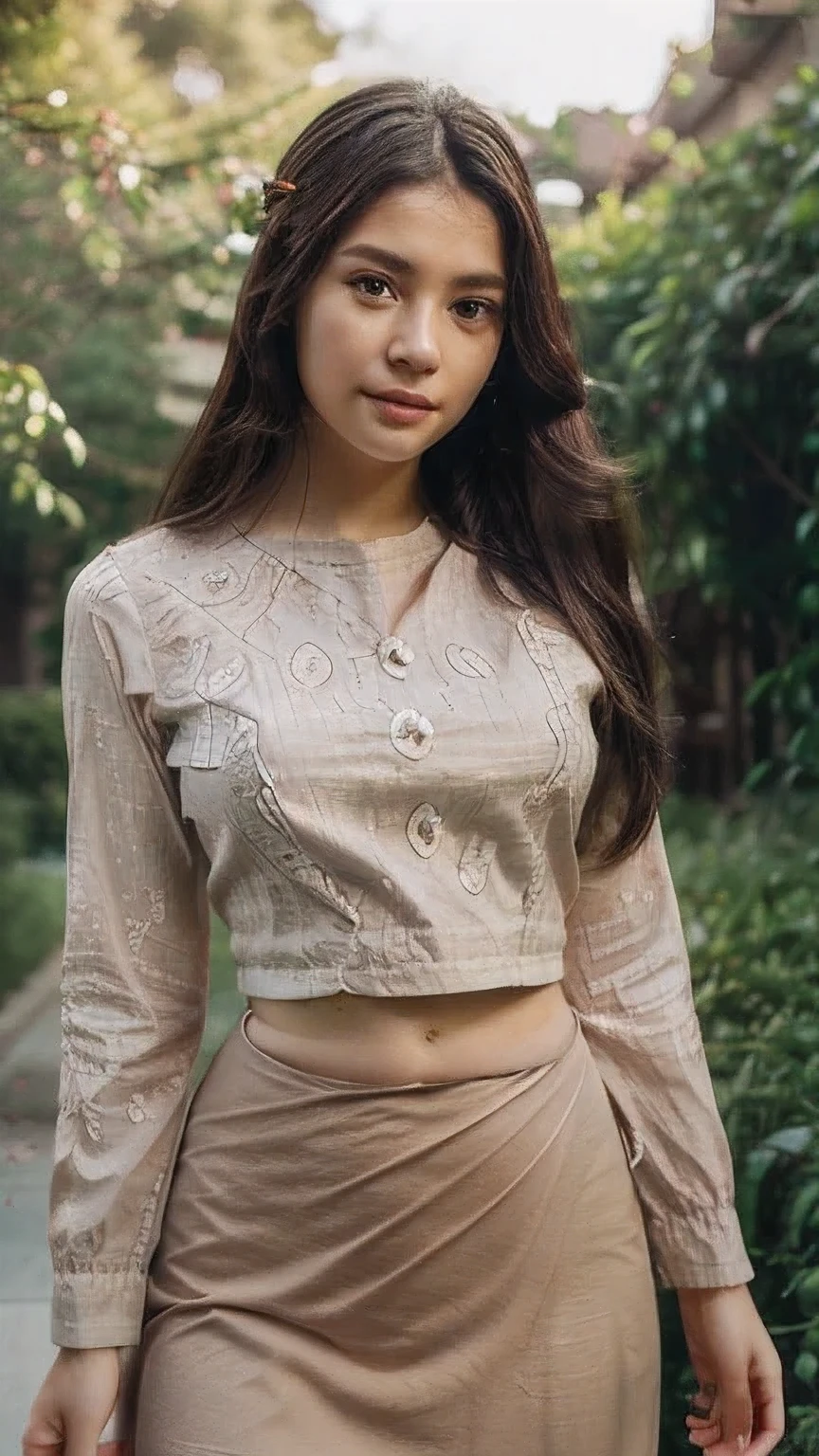 ((best quality)), ((masterpiece)), ((ultra-detailed)), extremely detailed CG, (illustration), ((detailed light)), (an extremely delicate and beautiful), a girl, (22 year old)), solo, ((cute face)), ((upper body including waist)), expressionless, (beautiful detailed eyes), (Vertical pupil:1.2), depth of field, wearing acmm top, red acmm top, long sleeves, wearing acmm long skirt, red acmm long skirt, printed skirt, outdoors, sun lighting.