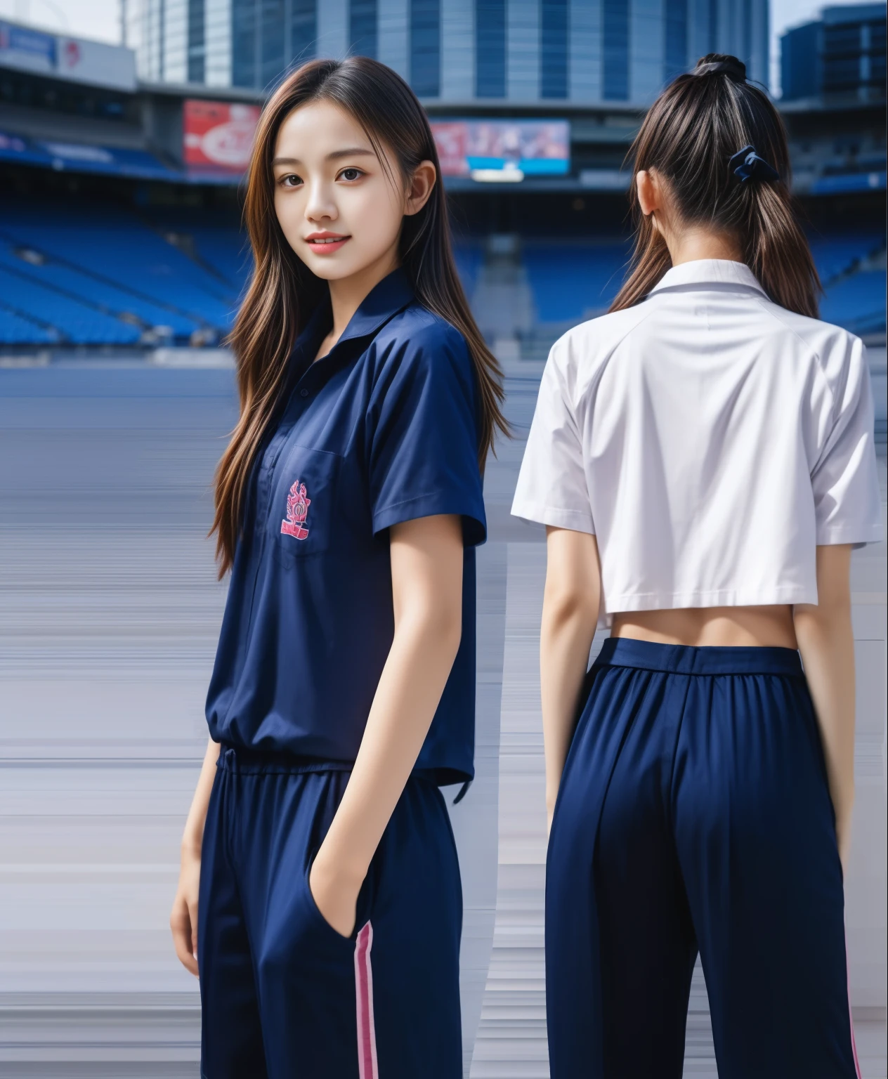 (best quality,10,10,height,Masterpiece:1.2),Special details,(realistic,ภาพrealistic,Realistic photos:1.37),1 cute girl on the football field,shiny, ผิวshiny,only,smile softly,BDclothelue shirt:1.3)),short sleeve,shirt, กางเกงขาlong.,(navy_long_track pants:1.1), ((stadium background:1.3)),Dynamic angle,excited,Face focus,dynamic poses,from behind,focus on ass,Masterpiece, best quality, ultra realistic, hyper-detail, 8K resolution, raw photos, Sharp focus, ((Navy blue shirt:1.1)), short sleeve, เส้นทางlong, perfect body, 2 mature women, 18 years old, Cinema-grade lighting system,blue sweatpants,shirtผ้าออกกำลังกาย,correct anatomy,perfect body, correct body, Sharp face, correct bodyทางกายวิภาค, full body, realistic gestures, long-haired, realistic poses,Wear long shorts................................,ช่วงขาlong,Good shape,carved girl, Slender figure, model, Good shape, beautiful body,blue sweatpants, two girls kissing