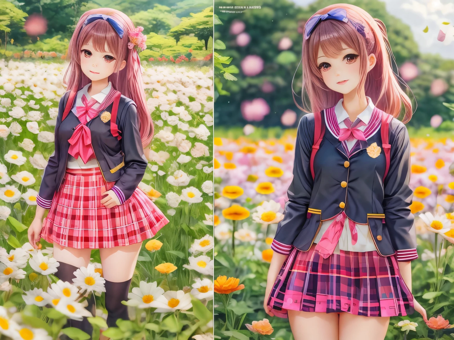 有一个女人Standing in the flower field的小路上, Wearing a honey themed mini skirt, Standing in the flower field, school girl uniform, Lovely , Standing in the flower field, Young and beautiful gravure idol, Japanese school, Plaid skirt, Portrait of a teenager, real life anime girls, Qingfu, full body Lovely young lady