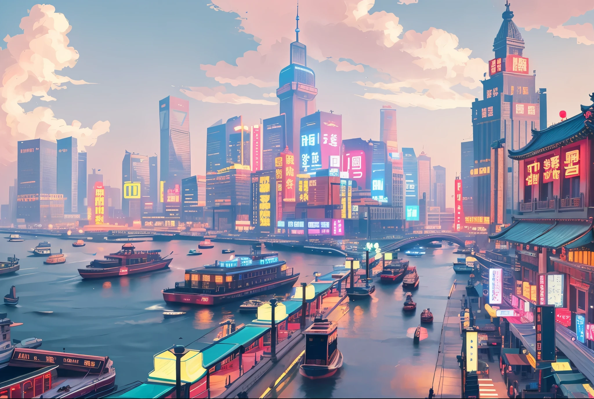 City streets,There are boats on the water, 4k highly detailed digital art,neon lights,Retro sign,Shanghai on the Bund,wind,figure,cheongsam
