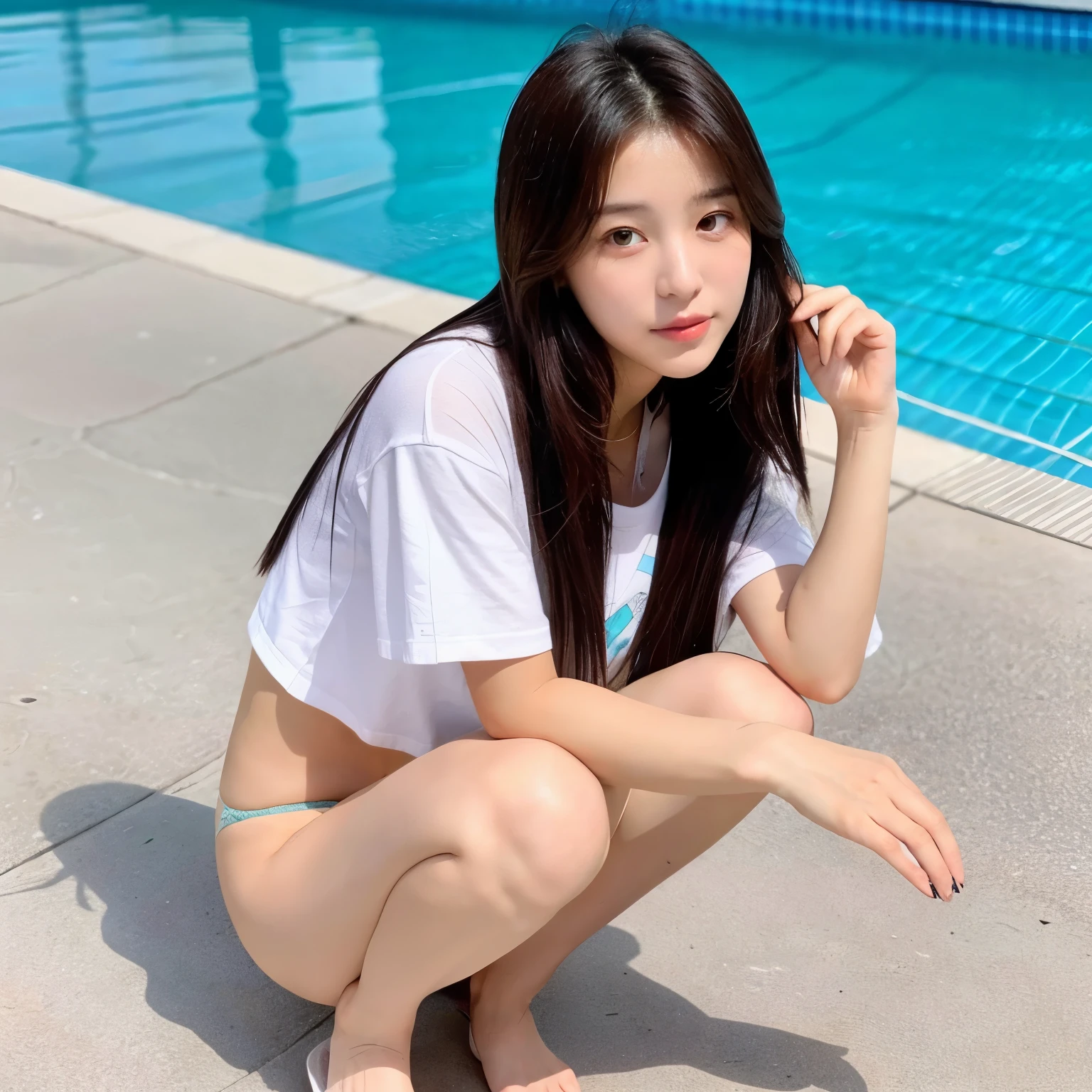 A pretty Korean woman wearing the missing bottoms look in the highest quality