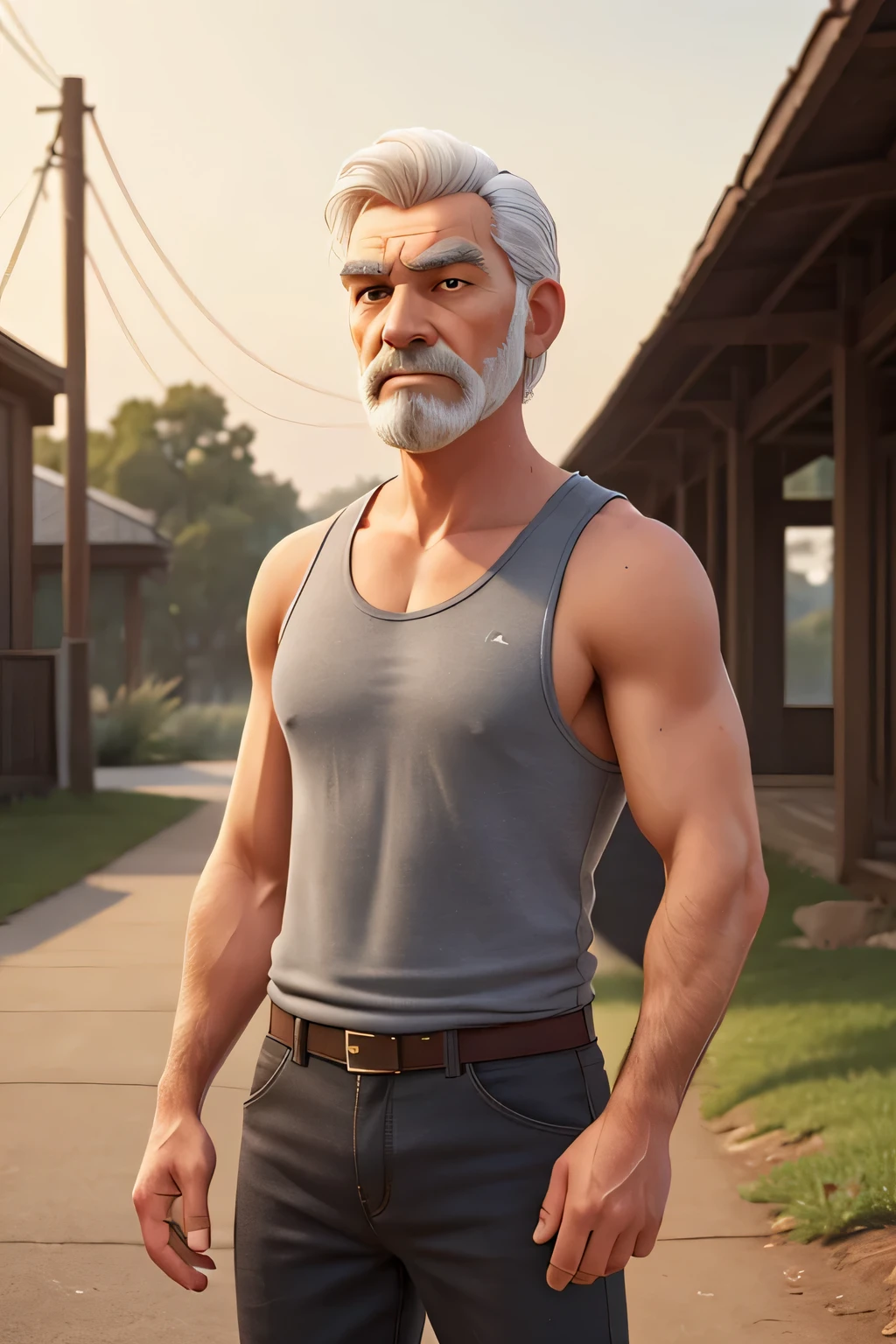 Portrait of a 66-year-old man with short, white hair, a small and white beard, standing at 1.70m, slim build, clad in an old and torn gray tank top, paired with black pants that are completely dirty and faded. Capture his facial features, demeanor, and any distinctive details that contribute to his overall appearance.