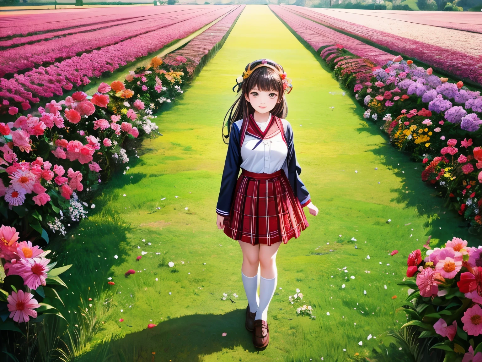 有一个女人Standing in the flower field的小路上, Wearing a honey themed mini skirt, Standing in the flower field, school girl uniform, Lovely , Standing in the flower field, Young and beautiful gravure idol, Japanese school, Plaid skirt, Portrait of a teenager, real life anime girls, Qingfu, full body Lovely young lady