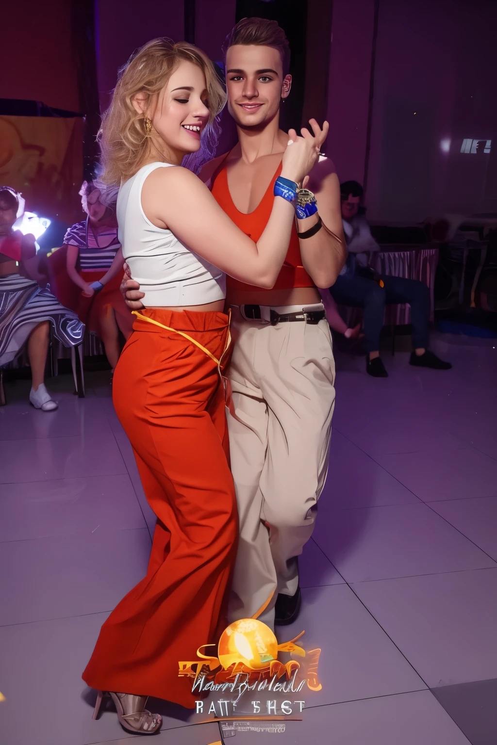 A man and a woman dance together on the dance floor, dance party, Shot on Nikon z9, disco, Low ISO, shot on canon 5d mk4, from Zofia Strienska, I smile and dance, Dancing in the background, Emma Andievskaya, Filmed in a nightclub