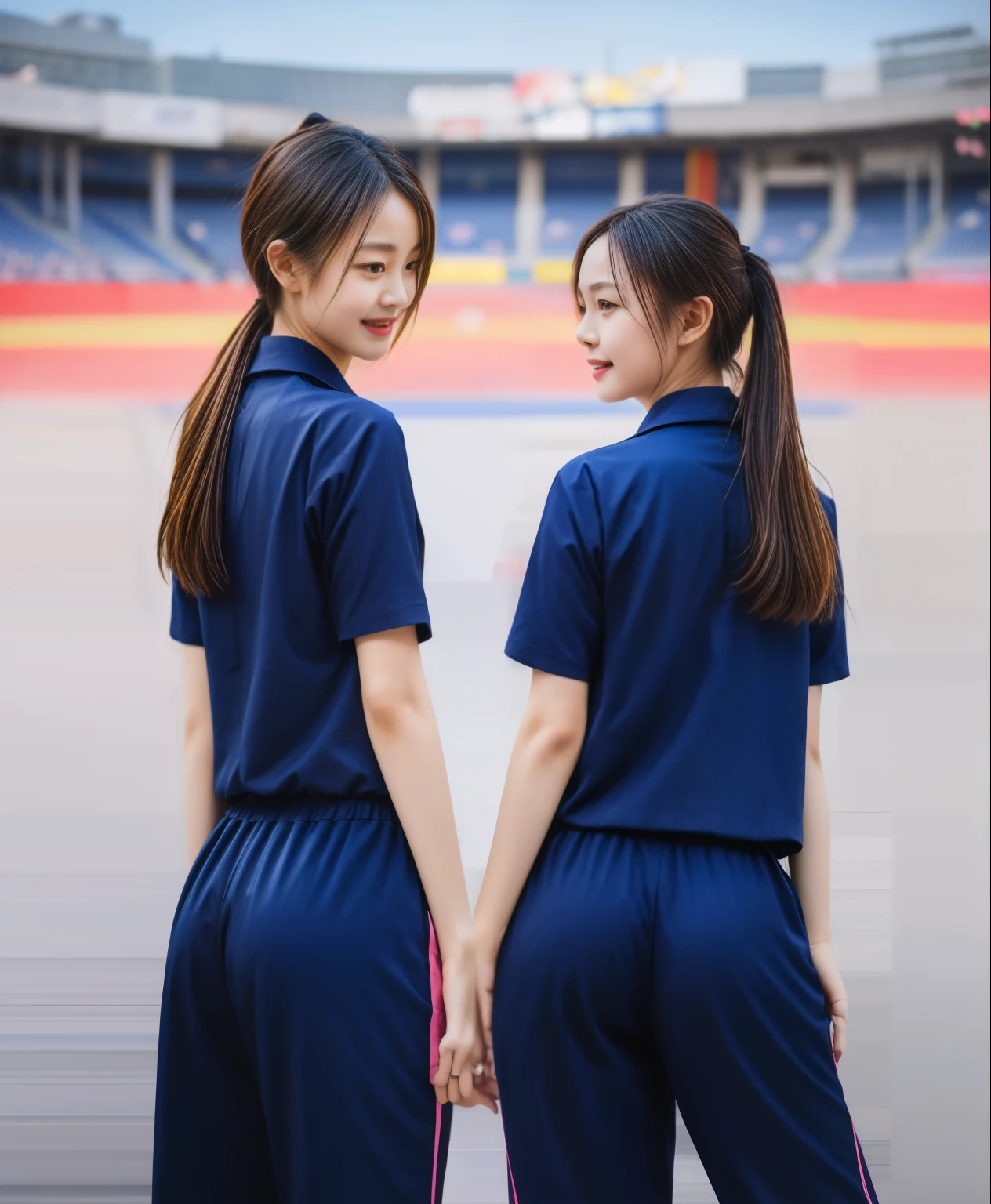 (best quality,10,10,height,Masterpiece:1.2),Special details,(realistic,ภาพrealistic,Realistic photos:1.37),1 cute girl on the football field,shiny, ผิวshiny,only,smile softly,BDclothelue shirt:1.3)),short sleeve,shirt, กางเกงขาlong.,(navy_long_track pants:1.1), ((stadium background:1.3)),Dynamic angle,excited,Face focus,dynamic poses,from behind,focus on ass,Masterpiece, best quality, ultra realistic, hyper-detail, 8K resolution, raw photos, Sharp focus, ((Navy blue shirt:1.1)), short sleeve, เส้นทางlong, perfect body, 2 mature women, 18 years old, Cinema-grade lighting system,blue sweatpants,shirtผ้าออกกำลังกาย,correct anatomy,perfect body, correct body, Sharp face, correct bodyทางกายวิภาค, full body, realistic gestures, long-haired, realistic poses,Wear long shorts................................,ช่วงขาlong,Good shape,carved girl, Slender figure, model, Good shape, beautiful body,blue sweatpants, two girls kissing