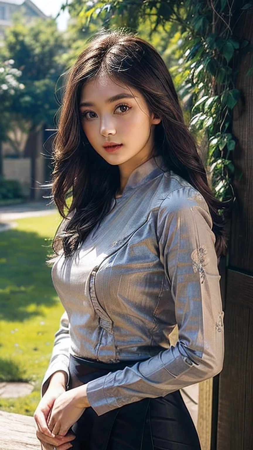 ((best quality)), ((masterpiece)), ((ultra-detailed)), extremely detailed CG, (illustration), ((detailed light)), (an extremely delicate and beautiful), a girl, (22 year old)), solo, ((cute face)), ((upper body including waist)), expressionless, (beautiful detailed eyes), (Vertical pupil:1.2), depth of field, wearing acmm top, red acmm top, long sleeves, wearing acmm long skirt, red acmm long skirt, printed skirt, outdoors, sun lighting.