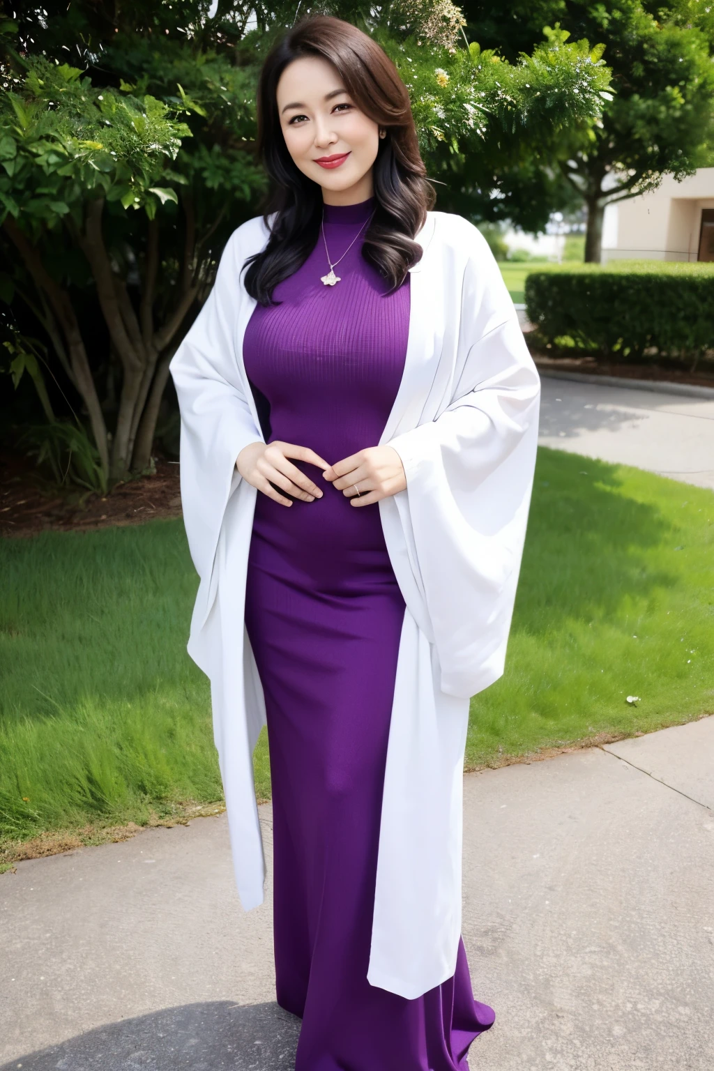 Draw lips correctly, red lipstick, from chest up, best quality, Super detailed, lifelike, Super fine skin, perfect anatomy, (1 日本Mature的女人), (alone)，Wear purple sweater round neck long dress，short sleeve，wavy long hair，37-year-old female，Mature，charming smile，outdoor background，stand，Leg length，Chubby，Big breasts，stand up，full-body shot
