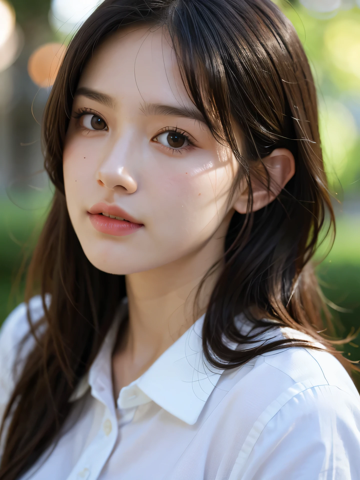 masterpiece, highest quality, RAW photo, 8k, 1 girl, close, focus on the face, (the face is in focus:1.2) Fine and beautiful skin, Backlight, soft light, shy, embarrassing, luminescent, look away, anatomically correct, medium hair, bangs, Eye and face details, rough skin, professional photography, Bokeh, portrait, professional lighting, alone, cute, Girly, film grain, navy shirt,
