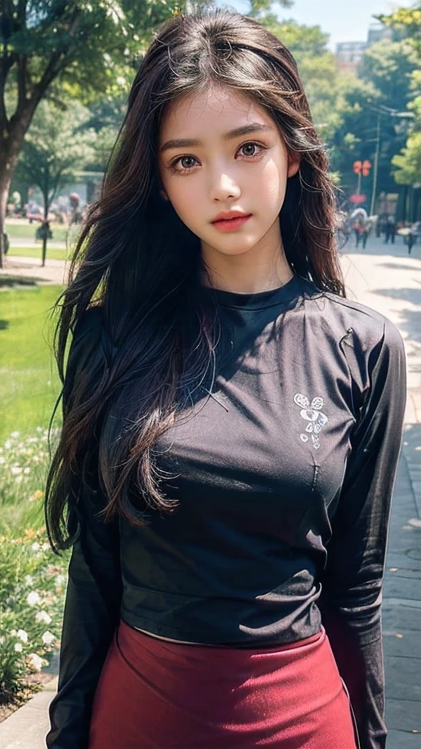 ((best quality)), ((masterpiece)), ((ultra-detailed)), extremely detailed CG, (illustration), ((detailed light)), (an extremely delicate and beautiful), a girl, (22 year old)), solo, ((cute face)), ((upper body including waist)), expressionless, (beautiful detailed eyes), (Vertical pupil:1.2), depth of field, wearing acmm top, red acmm top, long sleeves, wearing acmm long skirt, red acmm long skirt, printed skirt, outdoors, sun lighting.