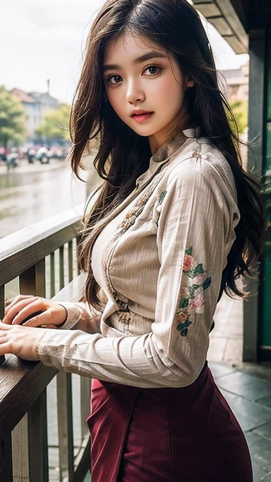 ((best quality)), ((masterpiece)), ((ultra-detailed)), extremely detailed CG, (illustration), ((detailed light)), (an extremely delicate and beautiful), a girl, (22 year old)), solo, ((cute face)), ((upper body including waist)), expressionless, (beautiful detailed eyes), (Vertical pupil:1.2), depth of field, wearing acmm top, red acmm top, long sleeves, wearing acmm long skirt, red acmm long skirt, printed skirt, outdoors, sun lighting.