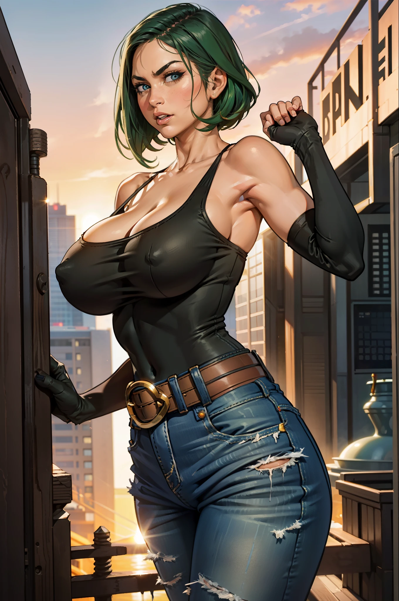 hyper largest_breasts!! with the type of elons, , Waifu, masterpiece, curvy, breasts, random hairs, random colors, full sunset, gloves, 1girl, bulma, cleavage, large breasts, tank top, blue eyes, rating:explicit,rule34, hardcore, tits,,clenched hands, punching, night, sky, jumpsuit, pants, bare shoulders, clenched hand, rating:questionable, short hair, belt, green hair, solo, angry, orange gloves, lip biting(gigantic and massive tits:1.1), breasts, official illustration, illustration, detailed face, beautiful intricate eyes, curvy milf, 1:2), closeup, titsnipples