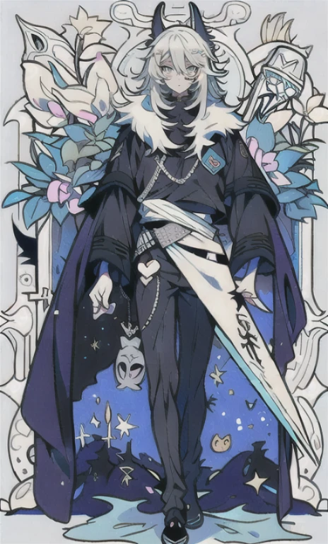 solo, 1boy,「white hair,cerulean blue」long hair, Demon knife, {{nighthawk mask}},  There&#39;s a man wearing a costume, {fox tail,}Apparition {one wing} Farson!!!!, furry Farson, furry characters, furry anime, Farson, furry paws furry, Furry shots, there is nothing, very hairy, furry artist, upright, [[[Anthropomorphic Nue]]] virtual youtuber, full body