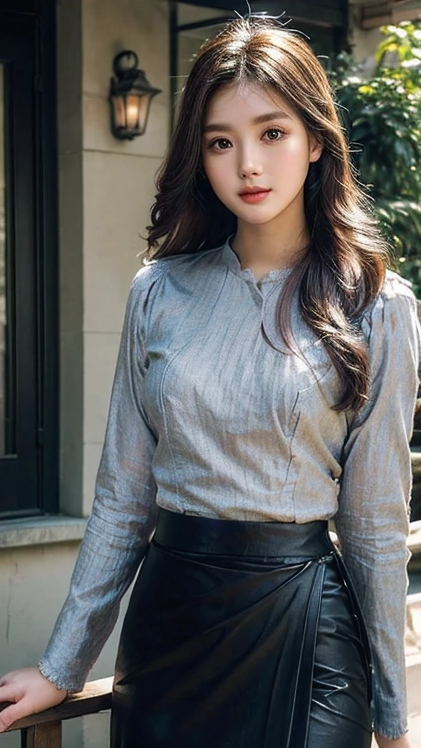 ((best quality)), ((masterpiece)), ((ultra-detailed)), extremely detailed CG, (illustration), ((detailed light)), (an extremely delicate and beautiful), a girl, (22 year old)), solo, ((cute face)), ((upper body including waist)), expressionless, (beautiful detailed eyes), (Vertical pupil:1.2), depth of field, wearing acmm top, red acmm top, long sleeves, wearing acmm long skirt, red acmm long skirt, printed skirt, outdoors, sun lighting.