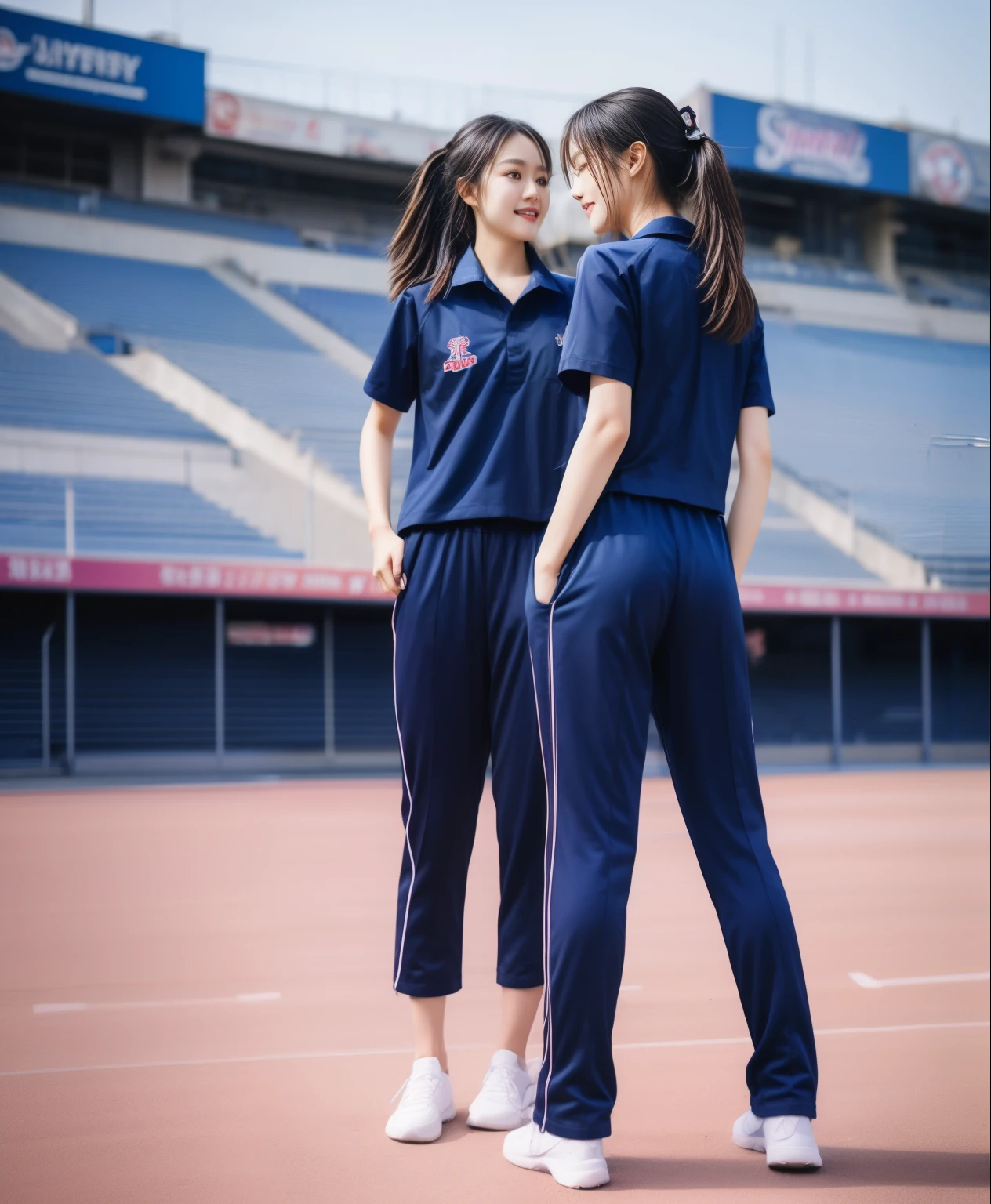 (best quality,10,10,height,Masterpiece:1.2),Special details,(realistic,ภาพrealistic,Realistic photos:1.37),1 cute girl on the football field,shiny, ผิวshiny,only,smile softly,BDclothelue shirt:1.3)),short sleeve,shirt, กางเกงขาlong.,(navy_long_track pants:1.1), ((stadium background:1.3)),Dynamic angle,excited,Face focus,dynamic poses,from behind,focus on ass,Masterpiece, best quality, ultra realistic, hyper-detail, 8K resolution, raw photos, Sharp focus, ((Navy blue shirt:1.1)), short sleeve, เส้นทางlong, perfect body, 2 mature women, 18 years old, Cinema-grade lighting system,blue sweatpants,shirtผ้าออกกำลังกาย,correct anatomy,perfect body, correct body, Sharp face, correct bodyทางกายวิภาค, full body, realistic gestures, long-haired, realistic poses,Wear long shorts................................,ช่วงขาlong,Good shape,carved girl, Slender figure, model, Good shape, beautiful body,blue sweatpants, two girls kissing