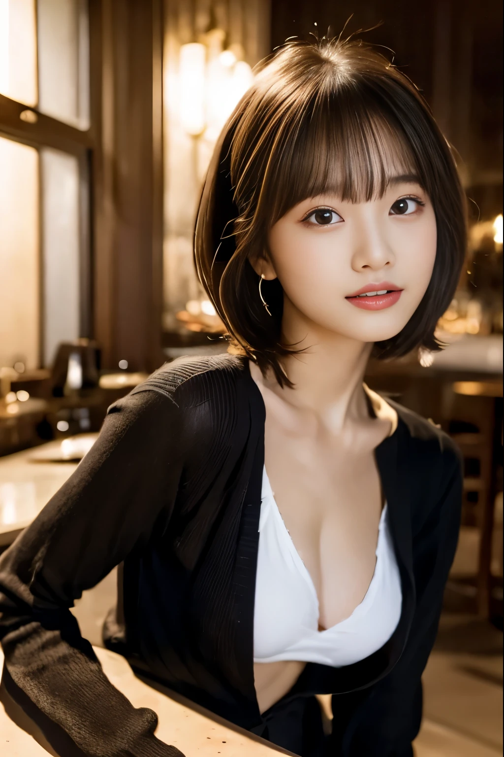 (((Cafe:1.3, indoor, Photographed from the front))), ((medium bob:1.3, black knit, japanese woman, slightly bigger breasts, cute)), (clean, natural makeup), (highest quality, masterpiece:1.3, 超High resolution), (Super detailed, caustics), (realistic:1.4, RAW shooting), very detailed, High resolution, 16K resolution