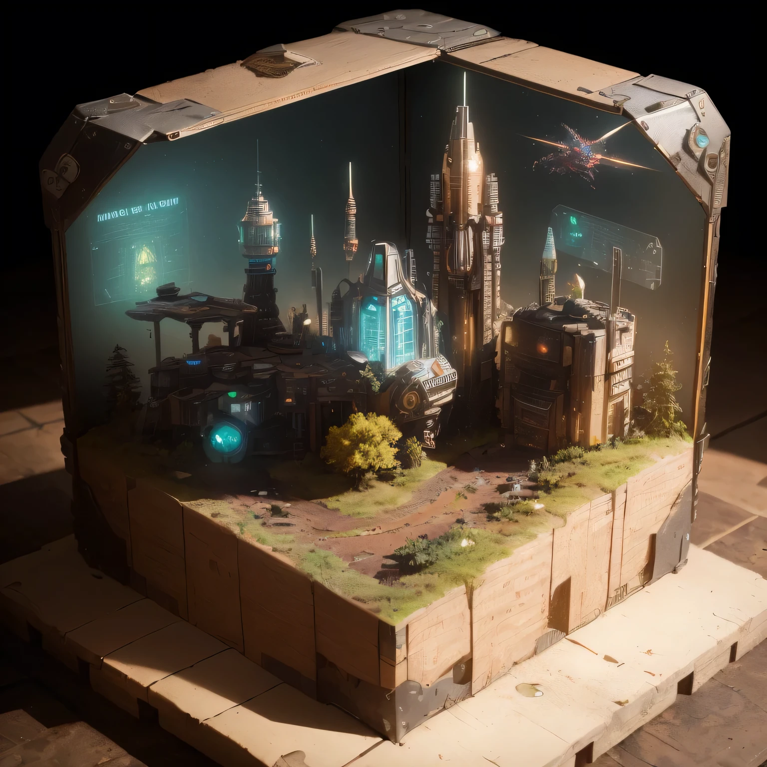 3598年Mars realistic model, (split ends, original photo, best quality, masterpiece:1.4),Steampunk Cyberpunk 6820 City,(CyberpunkMars light:1.3), Mars (related to land),(in a small nature box:1.3),Isometric, small nature, landscape on foundation,landscape,