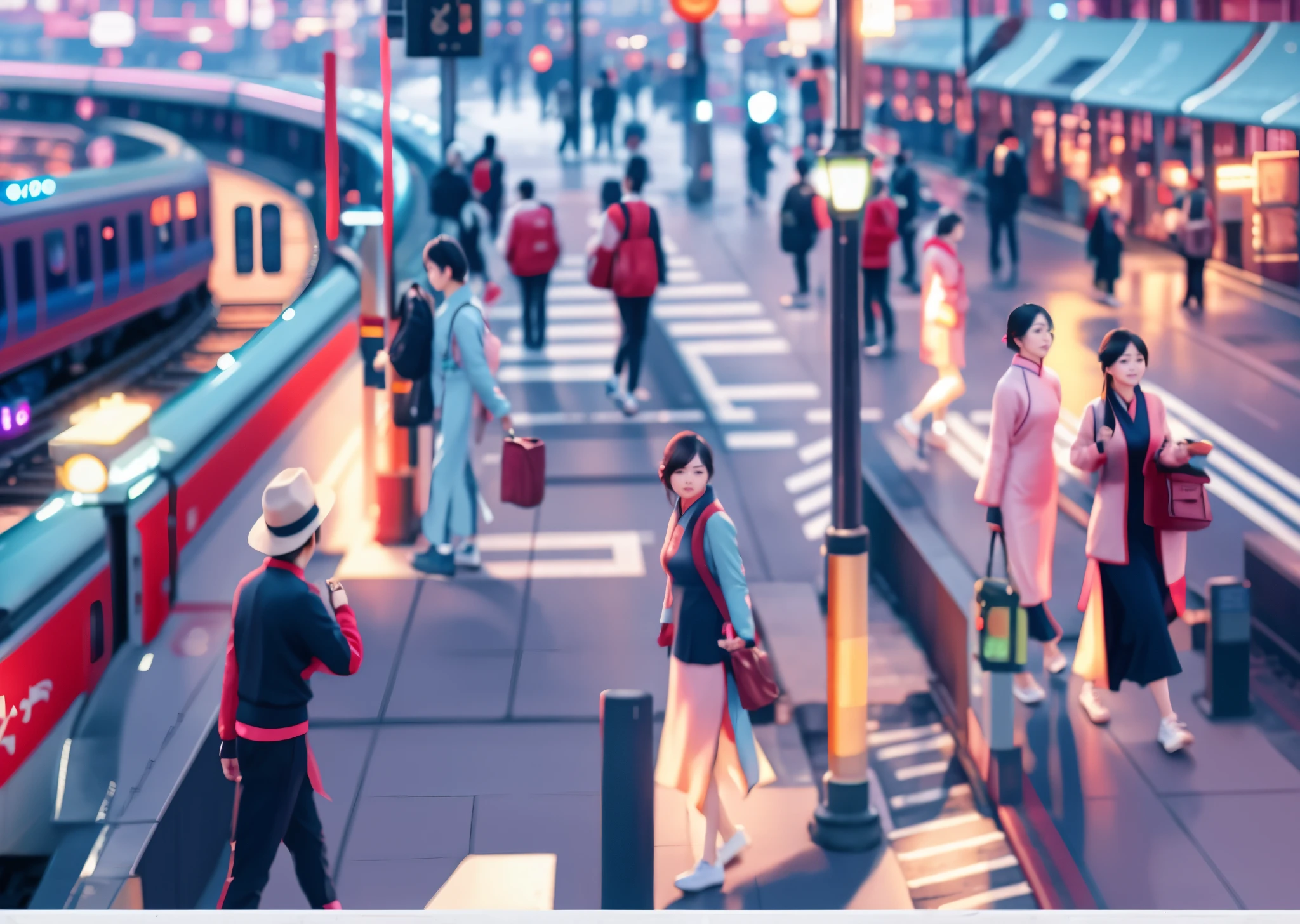 People walking on the platform near the train station, City streets，4k highly detailed digital art,neon lights，复古wind，Shanghai on the Bund，figure，wind，apparel，cheongsam