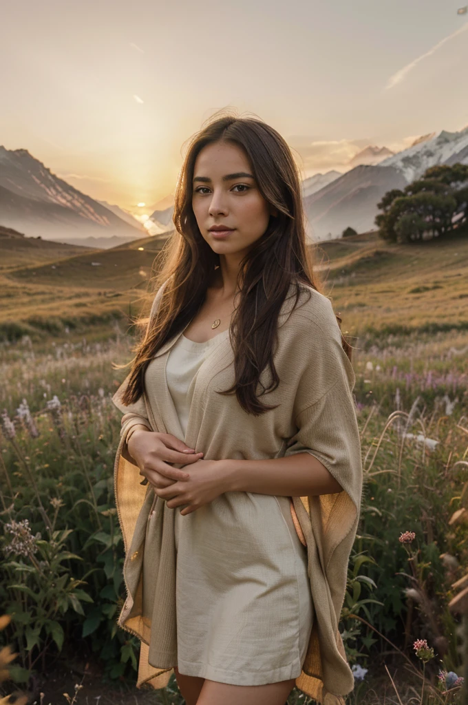 (highres,photorealistic)woman standing in a field with a blanket on,himalayan beauty with flowing dark hair,breathtaking view of mountains in the background, gentle breeze blowing through the grass, radiant rays of the setting sun illuminating the scene, vibrant hues of orange, pink, and purple painting the sky, a serene atmosphere showcasing the beauty of nature, the woman's eyes are filled with tranquility and contentment, a sense of calmness and peace permeates the air, soft golden light casting a warm glow on the woman's skin, the field is filled with wildflowers swaying gently in the wind, a moment frozen in time capturing the magic of the golden hour.