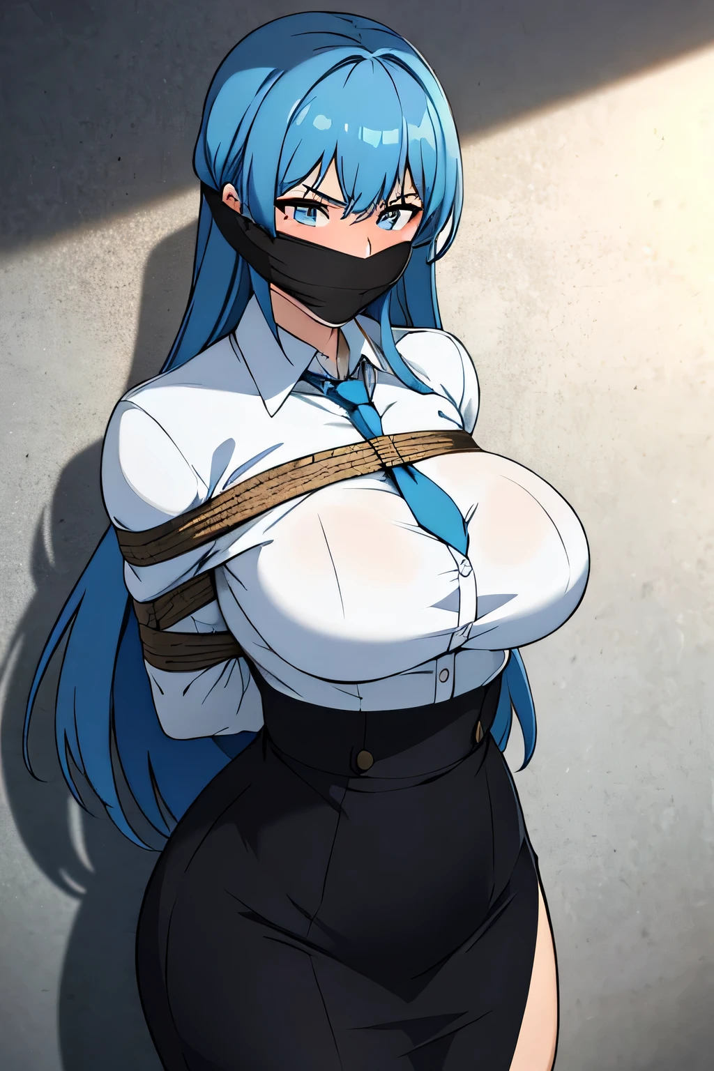 (masterpiece, highest quality), 1 girl, blue hair, long hair, bangs, slim, (wide hips, thick thighs), I was scared, thin, view viewer, anger, tied arms, put your arms back, (dress shirt, tie, pencil skirt), オフィスビルのmasterpiece), absurd, intricate details, improvised gag, tape gag, gagged, tape bondage