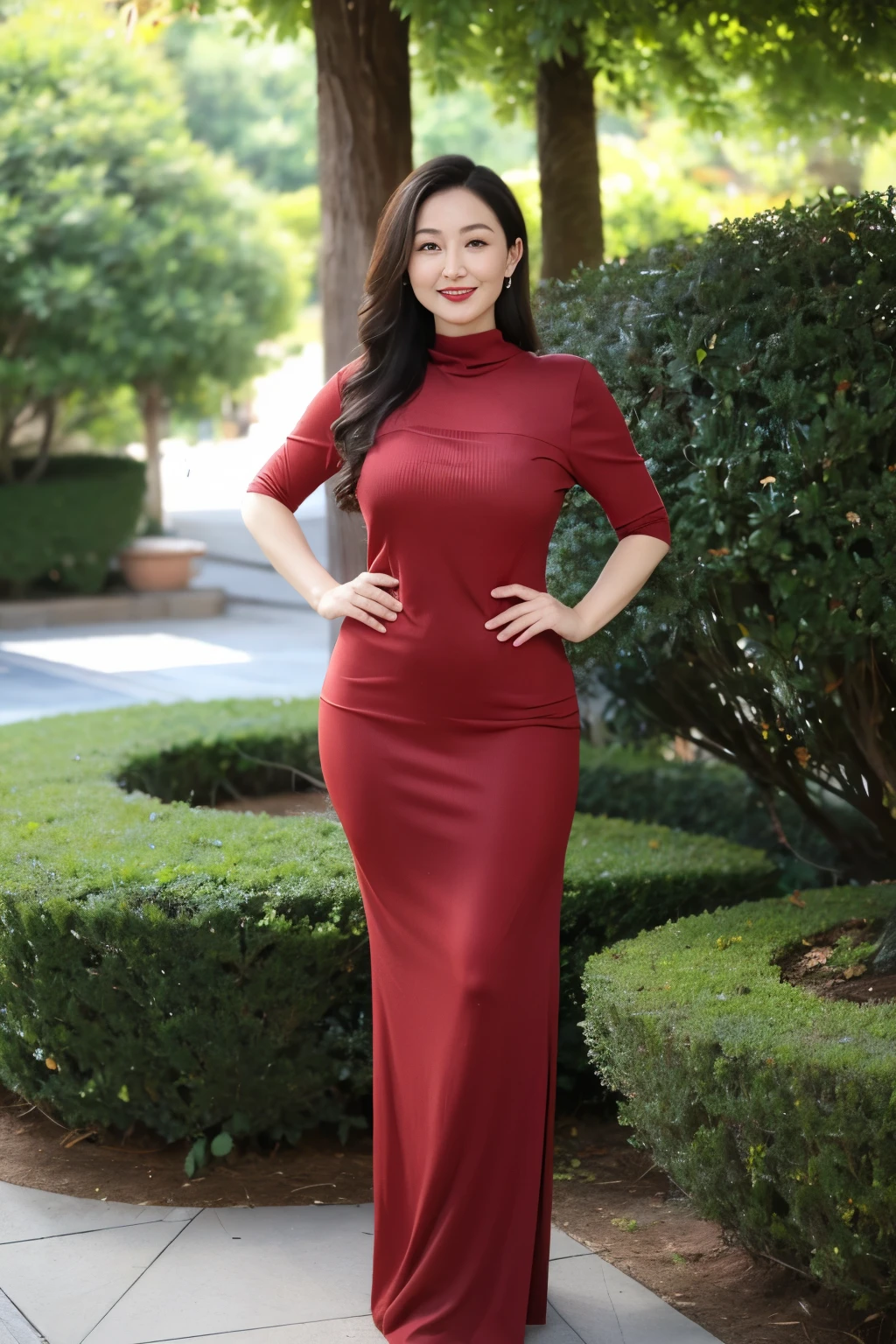 Draw lips correctly, red lipstick, from chest up, best quality, Super detailed, lifelike, Super fine skin, perfect anatomy, (1 日本Mature的女人), (alone)，Wear a long sweater round neck dress，short sleeve，wavy long hair，37-year-old female，Mature，charming smile，outdoor background，stand，Leg length，Chubby，Big breasts，stand up，full-body shot