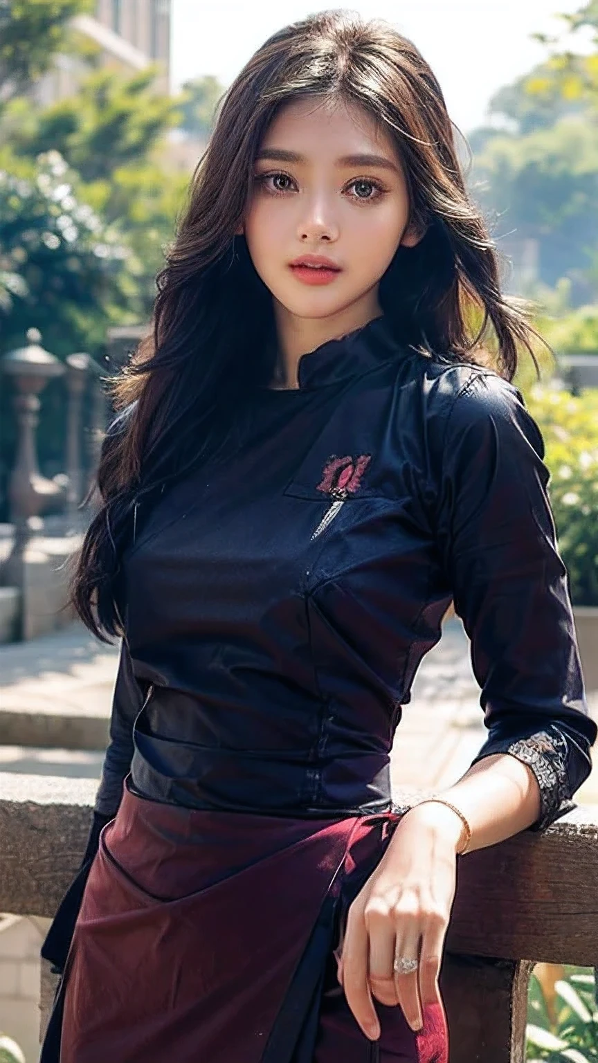 ((best quality)), ((masterpiece)), ((ultra-detailed)), extremely detailed CG, (illustration), ((detailed light)), (an extremely delicate and beautiful), a girl, (22 year old)), solo, ((cute face)), ((upper body including waist)), expressionless, (beautiful detailed eyes), (Vertical pupil:1.2), depth of field, wearing acmm top, red acmm top, long sleeves, wearing acmm long skirt, red acmm long skirt, printed skirt, outdoors, sun lighting.